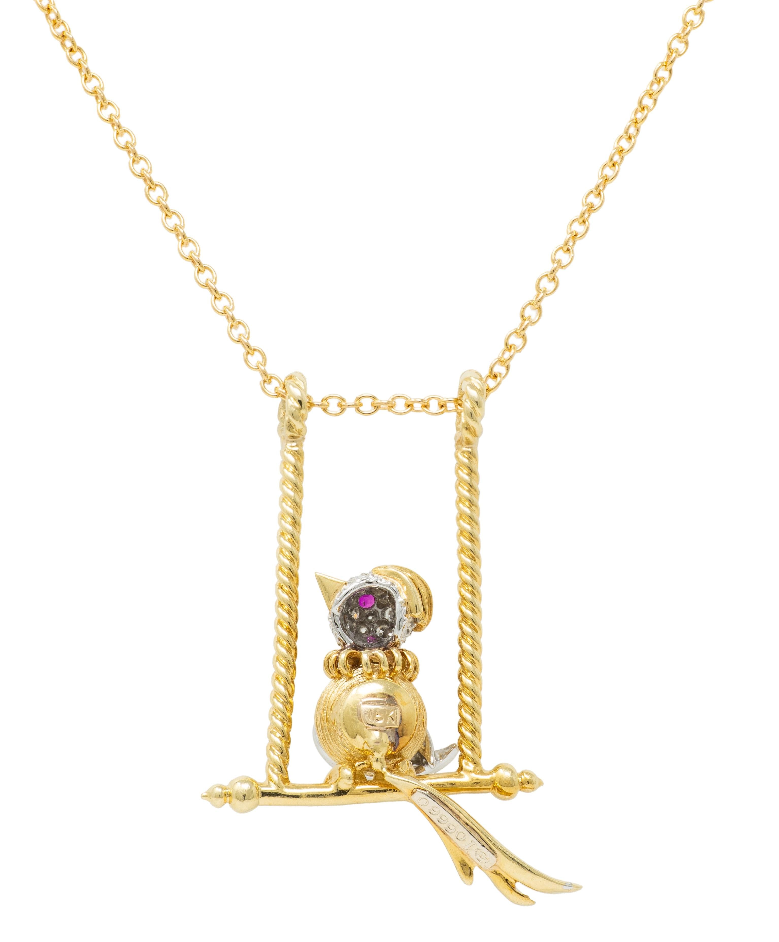 Diamond Ruby Platinum 18 Karat Yellow Gold Bird-On-A-Swing Pendant Necklace