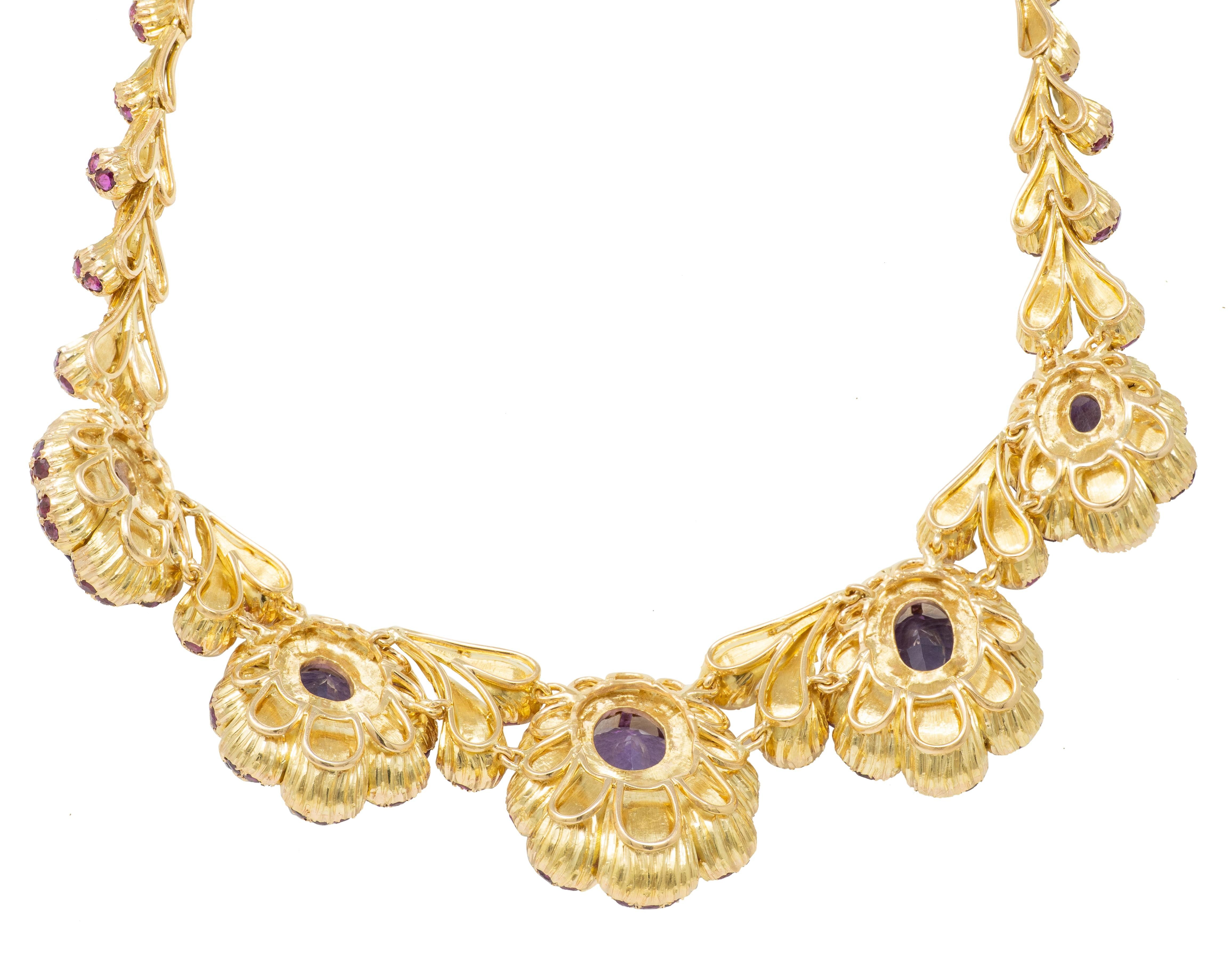 Buccellati 1960 132.76 CTW Amethyst Ruby 18K Gold Vintage Floral Collar Necklace