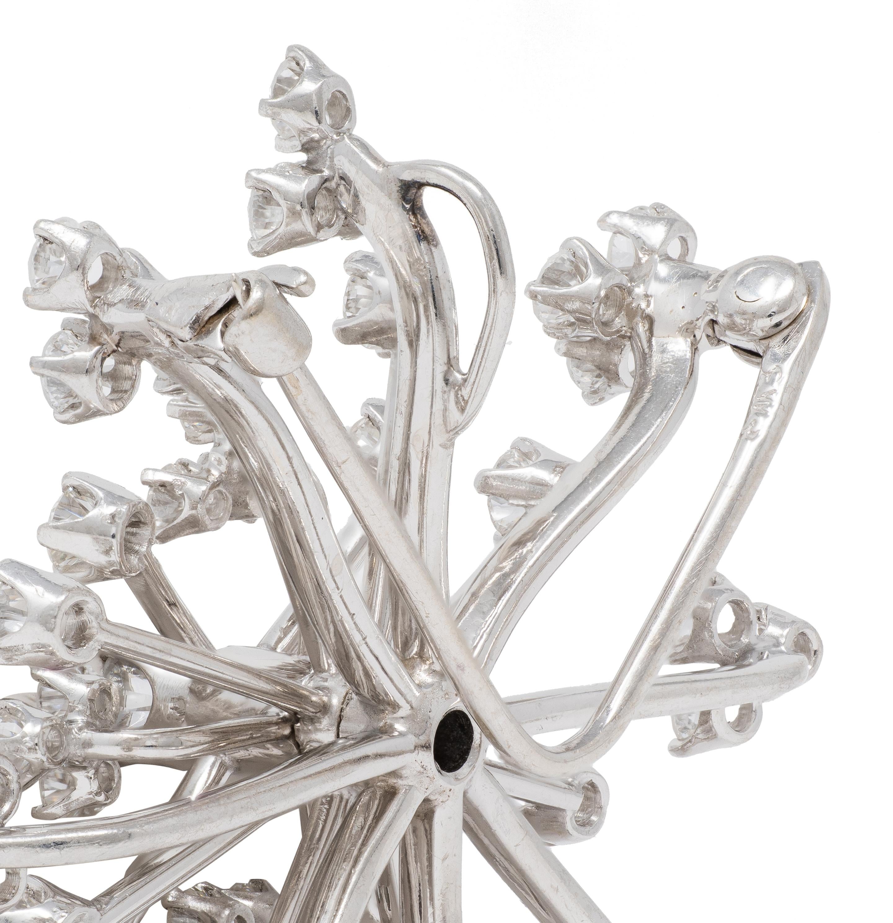 1960's Diamond Platinum Vintage Starburst Snowflake Pendant Brooch