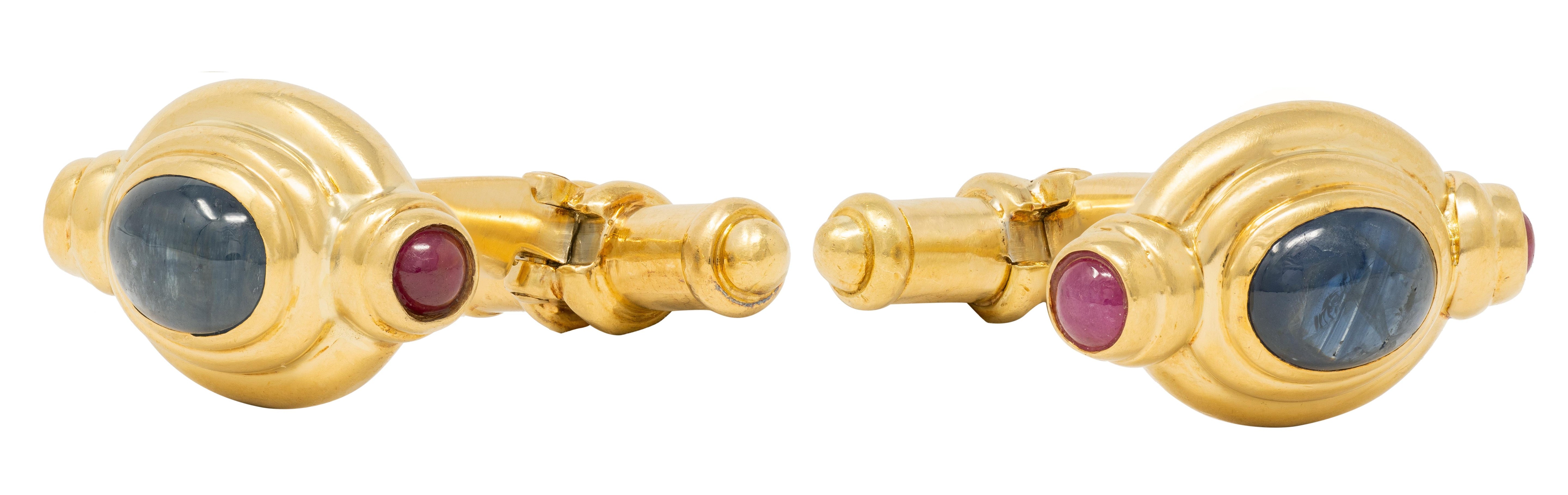 David Webb 1980's 3.50 CTW Ruby Sapphire 18 Karat Gold Vintage Bar Cufflinks