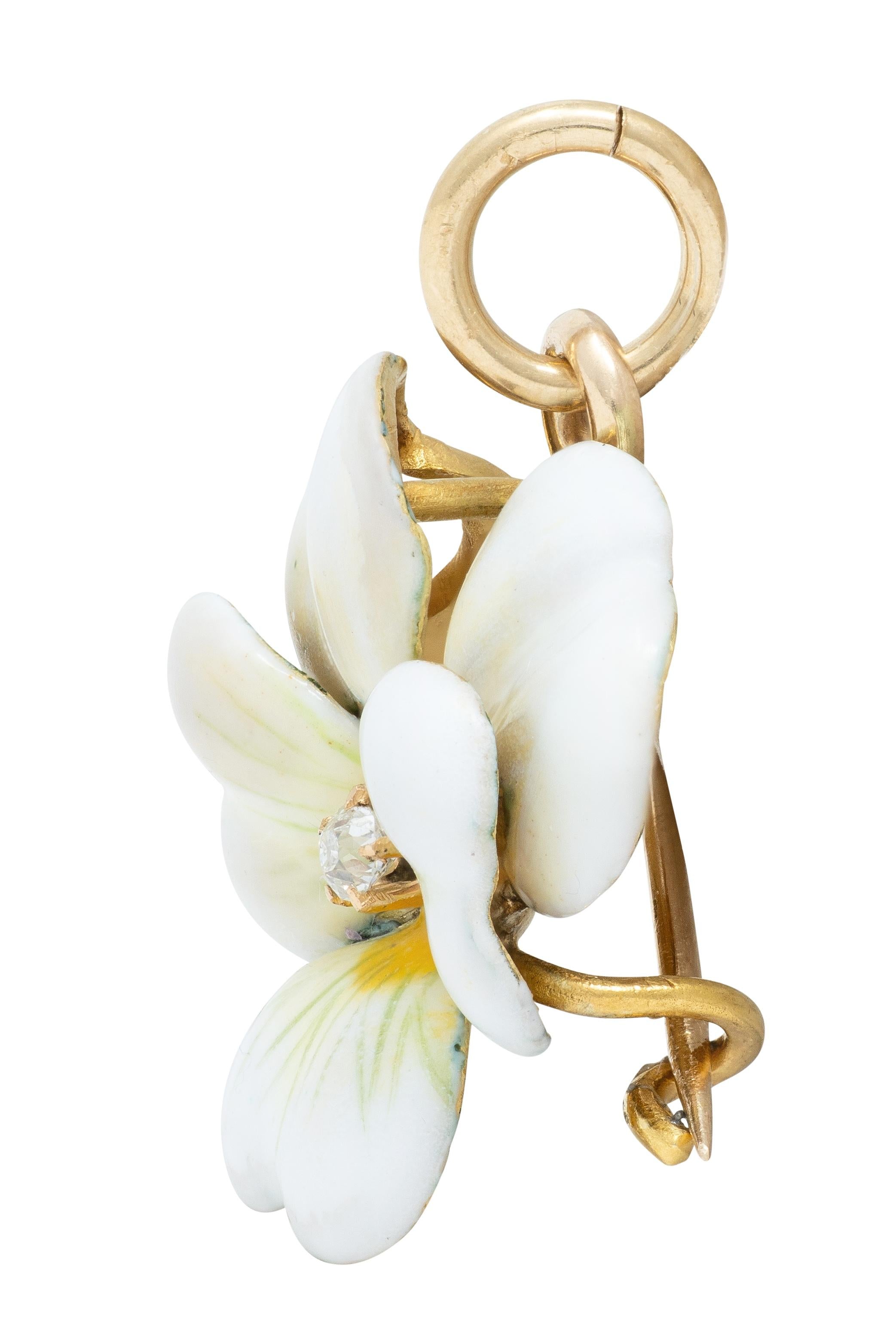 Art Nouveau Diamond White Enamel 14K Yellow Gold Antique Pansy Pendant Brooch