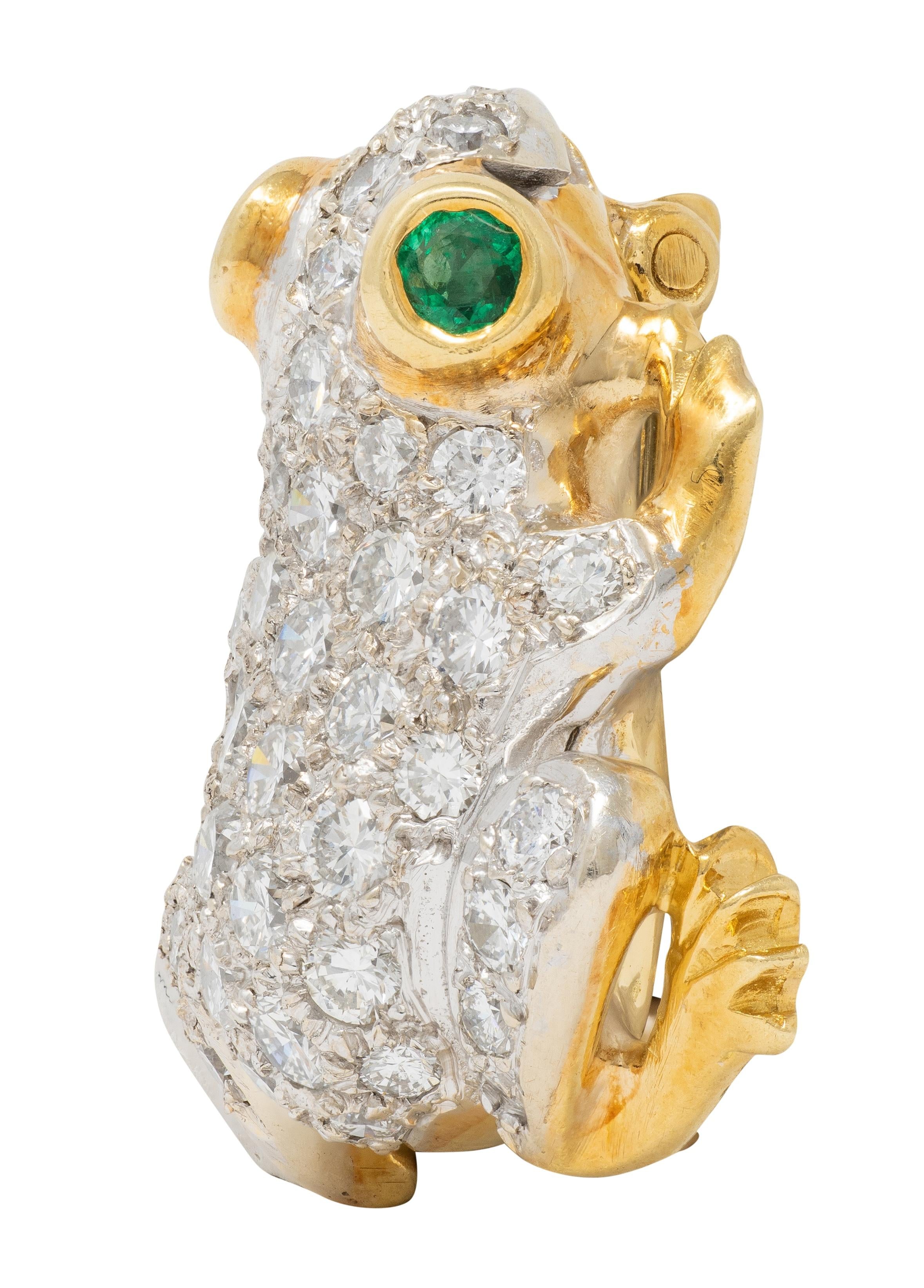 1980's 1.64 CTW Diamond Emerald 18 Karat Two-Tone Gold Vintage Frog Brooch