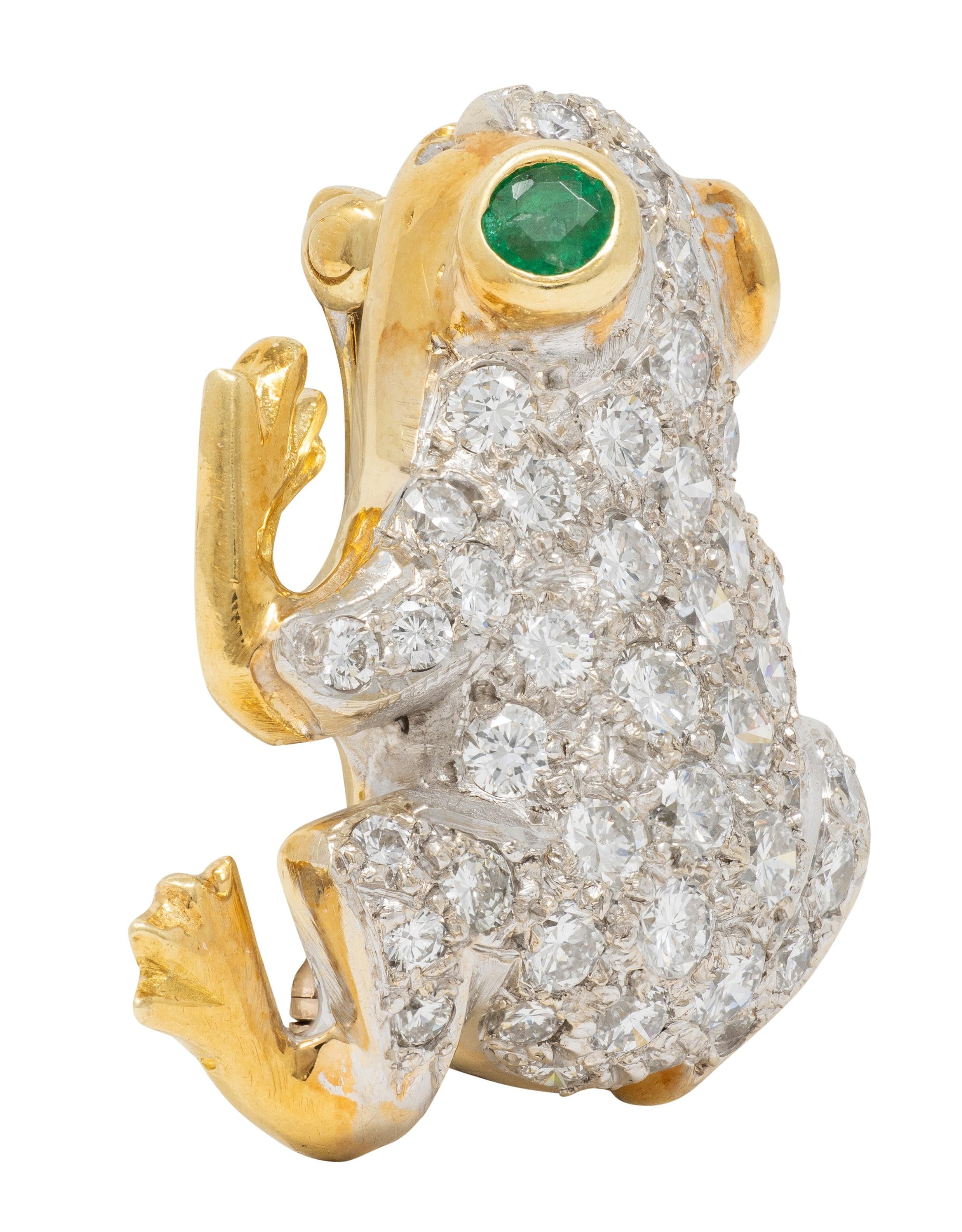 1980's 1.64 CTW Diamond Emerald 18 Karat Two-Tone Gold Vintage Frog Brooch