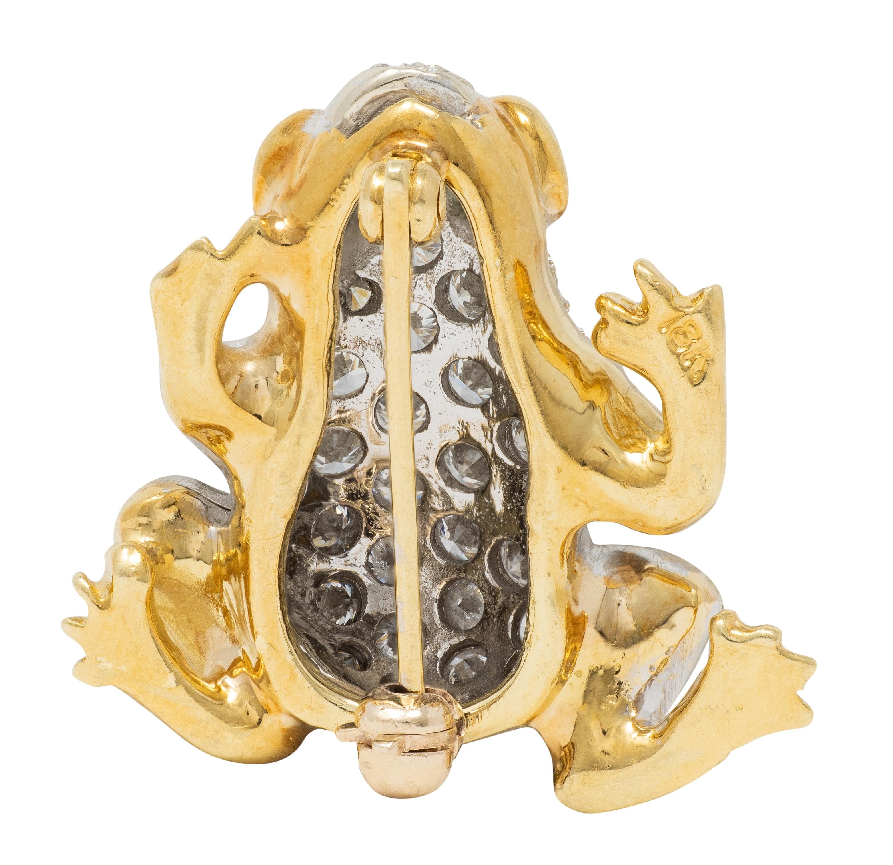 1980's 1.64 CTW Diamond Emerald 18 Karat Two-Tone Gold Vintage Frog Brooch