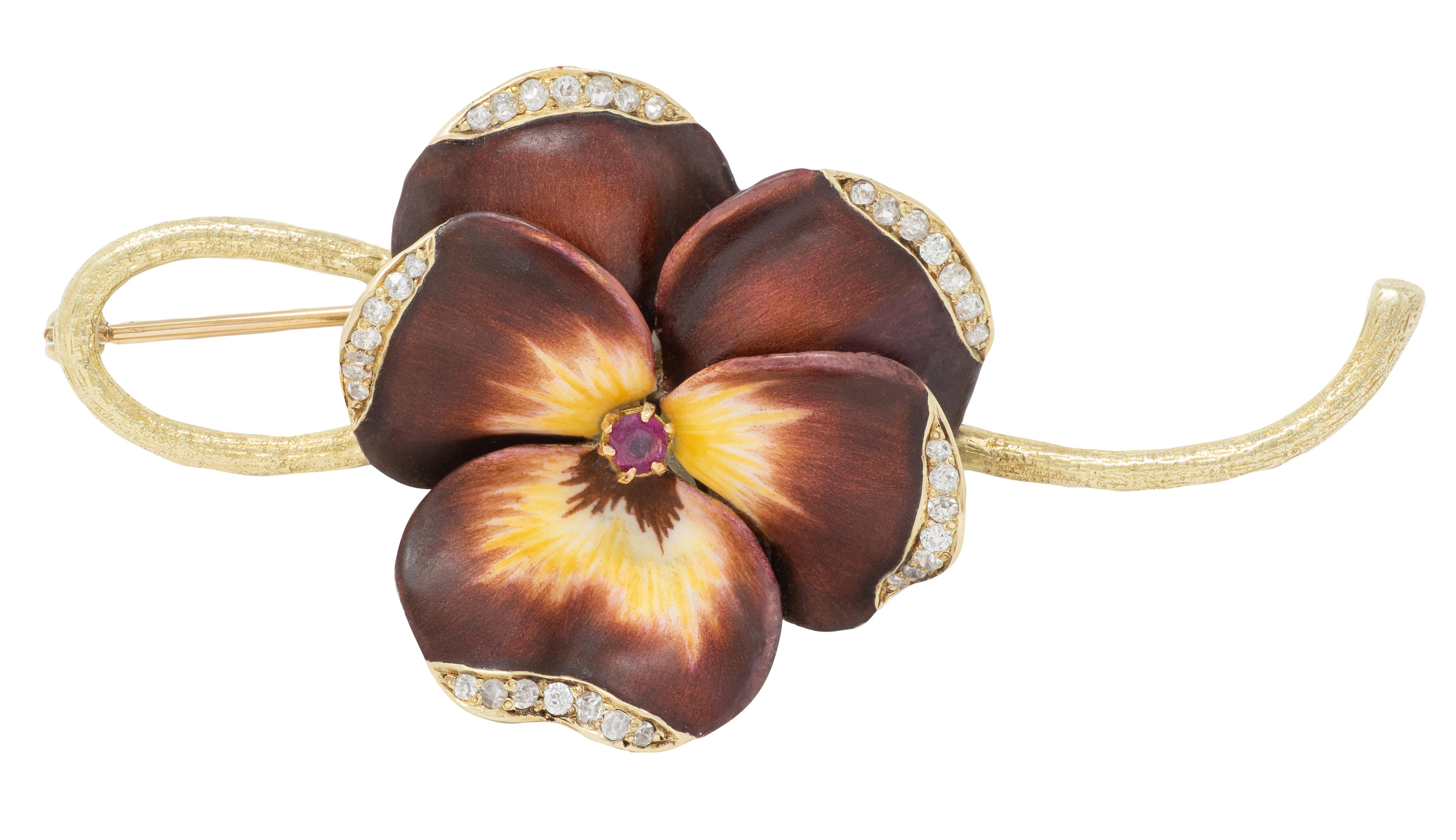Hedges & Co. Art Nouveau Diamond Ruby Maroon Enamel 14K Antique Pansy Brooch