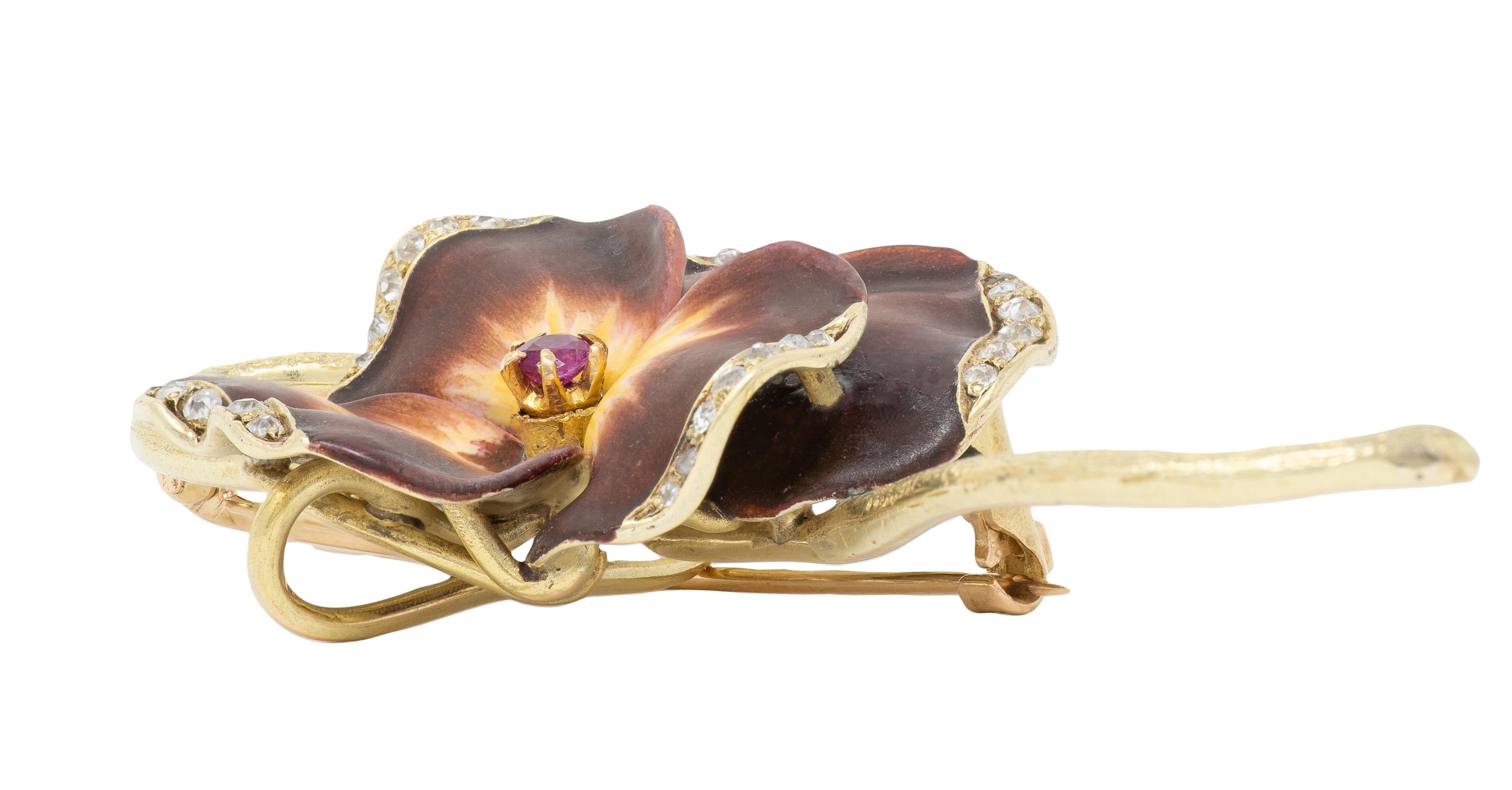 Hedges & Co. Art Nouveau Diamond Ruby Maroon Enamel 14K Antique Pansy Brooch