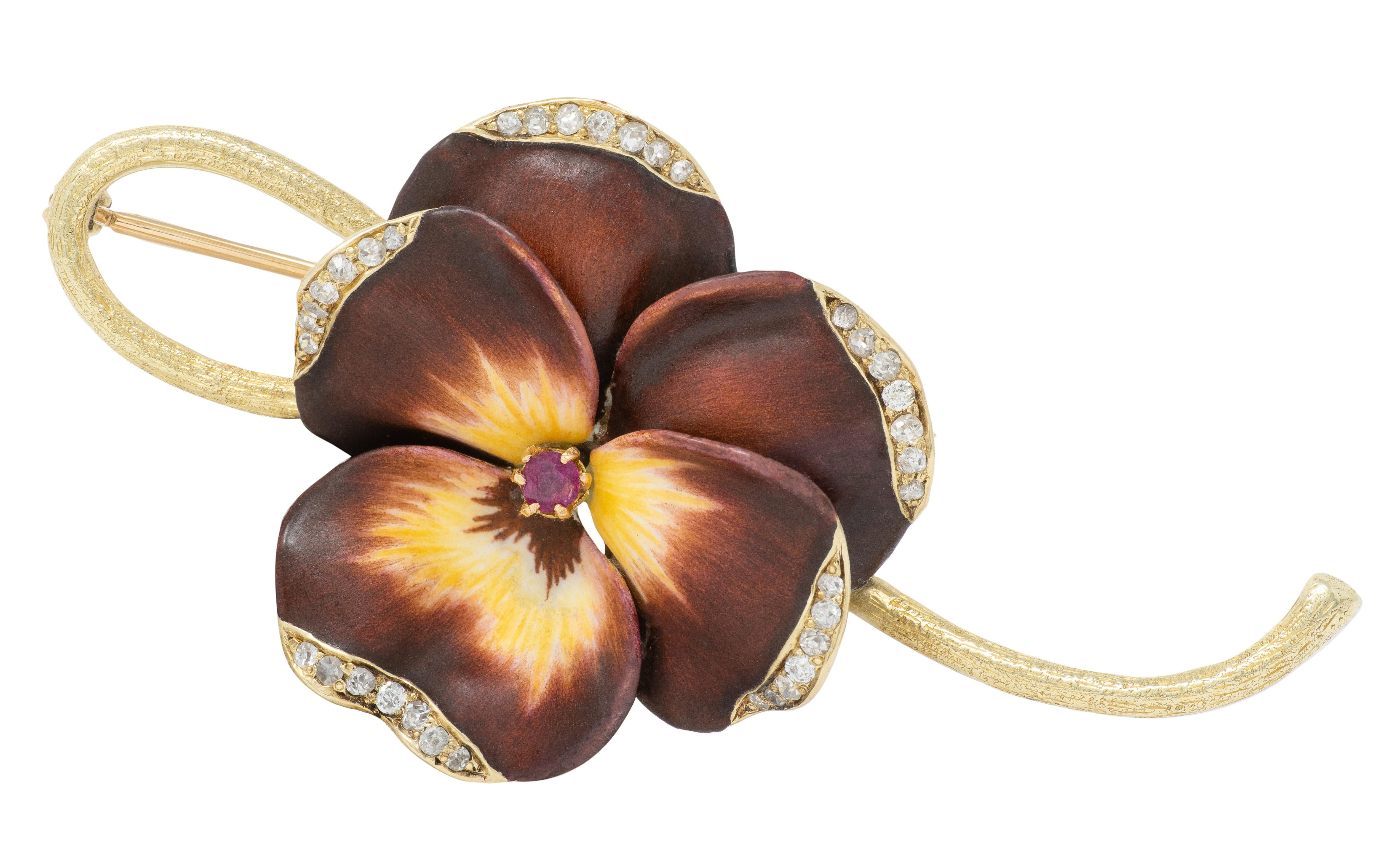 Hedges & Co. Art Nouveau Diamond Ruby Maroon Enamel 14K Antique Pansy Brooch