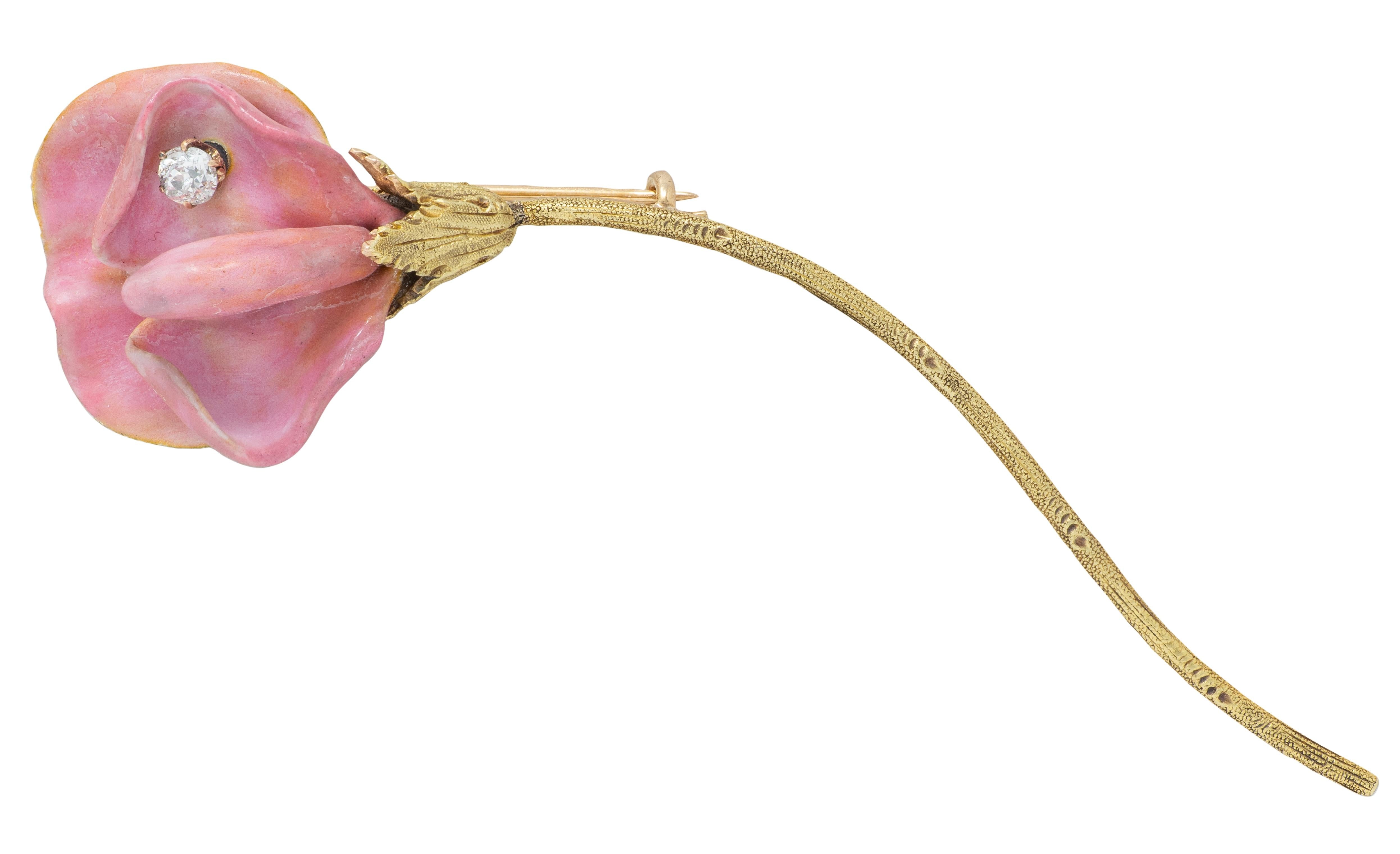 Art Nouveau Pink Enamel 14 Karat Yellow Gold Antique Sweetpea Flower Brooch