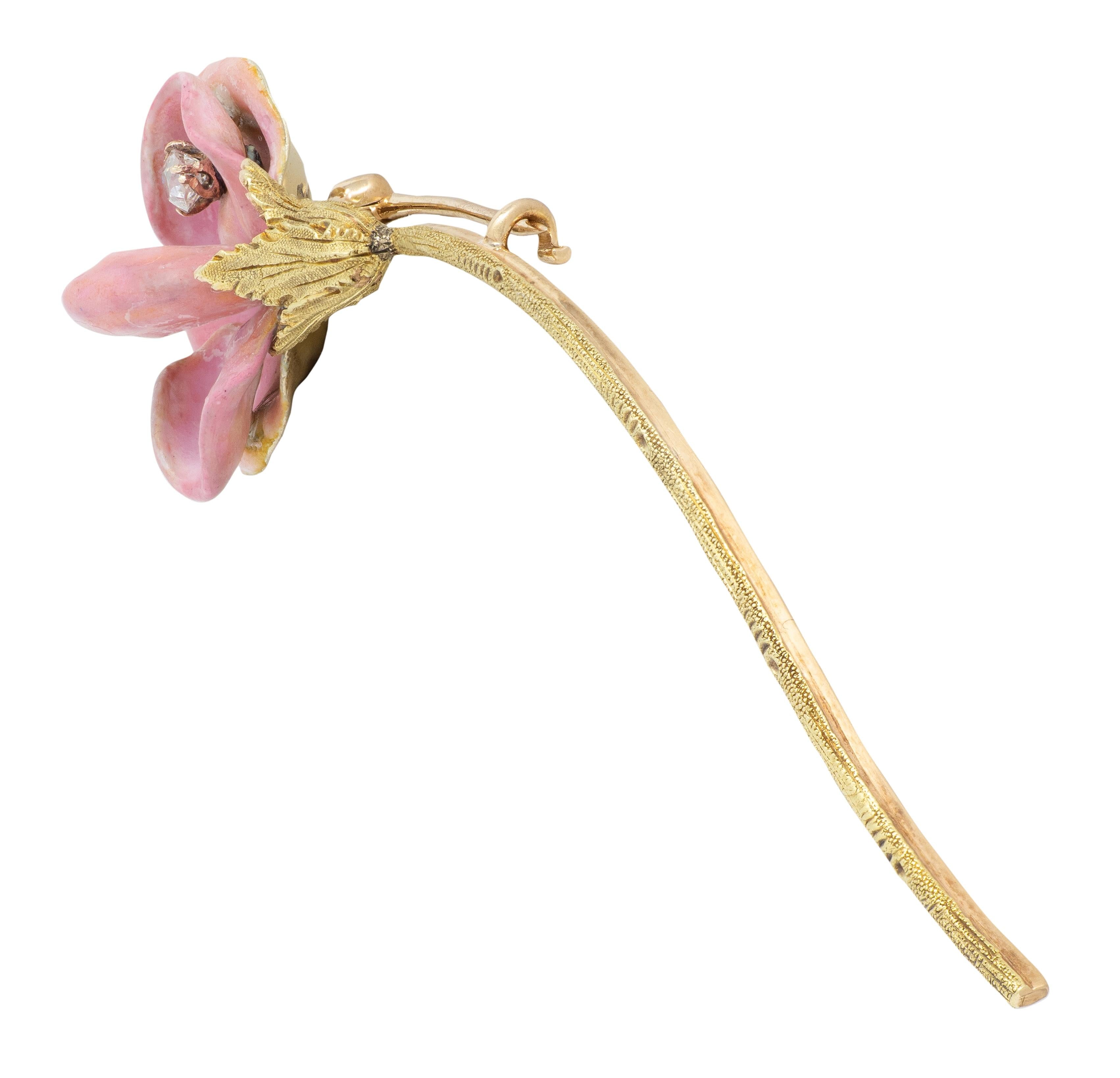 Art Nouveau Pink Enamel 14 Karat Yellow Gold Antique Sweetpea Flower Brooch
