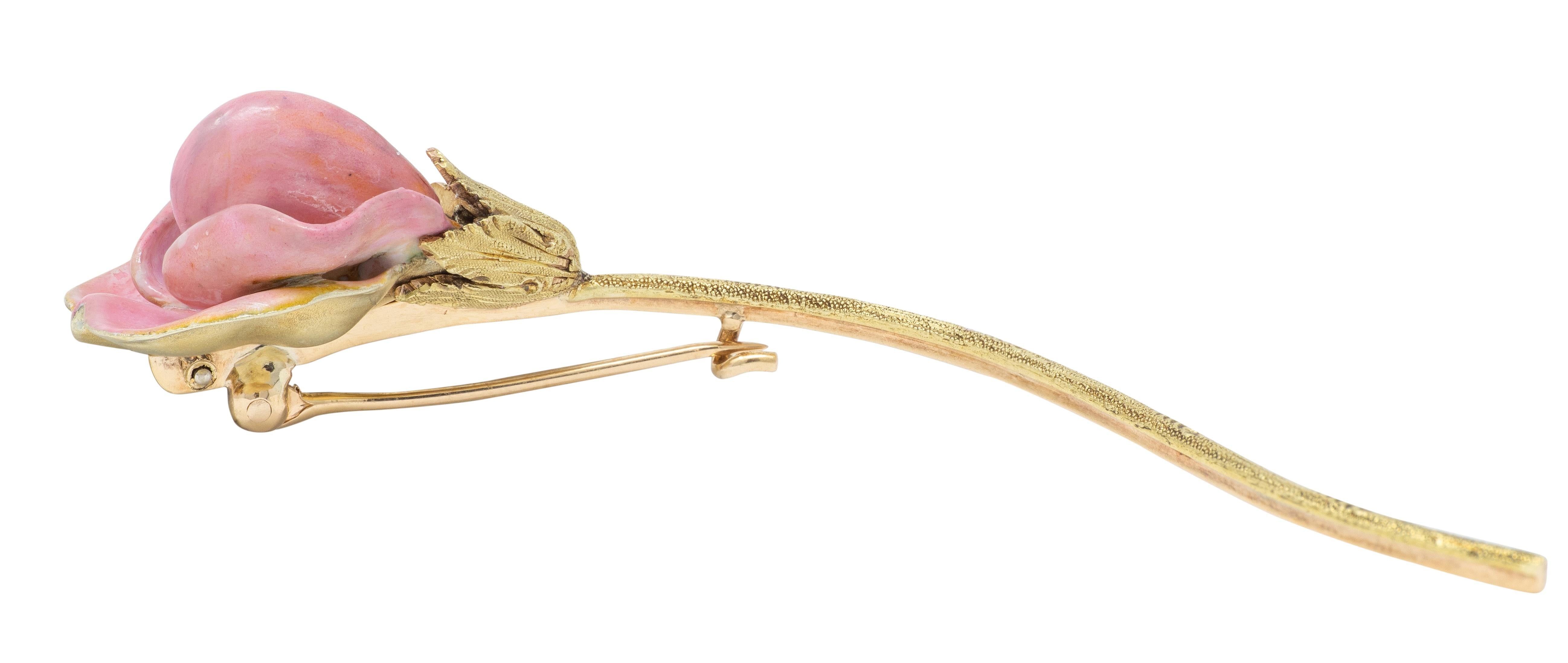 Art Nouveau Pink Enamel 14 Karat Yellow Gold Antique Sweetpea Flower Brooch