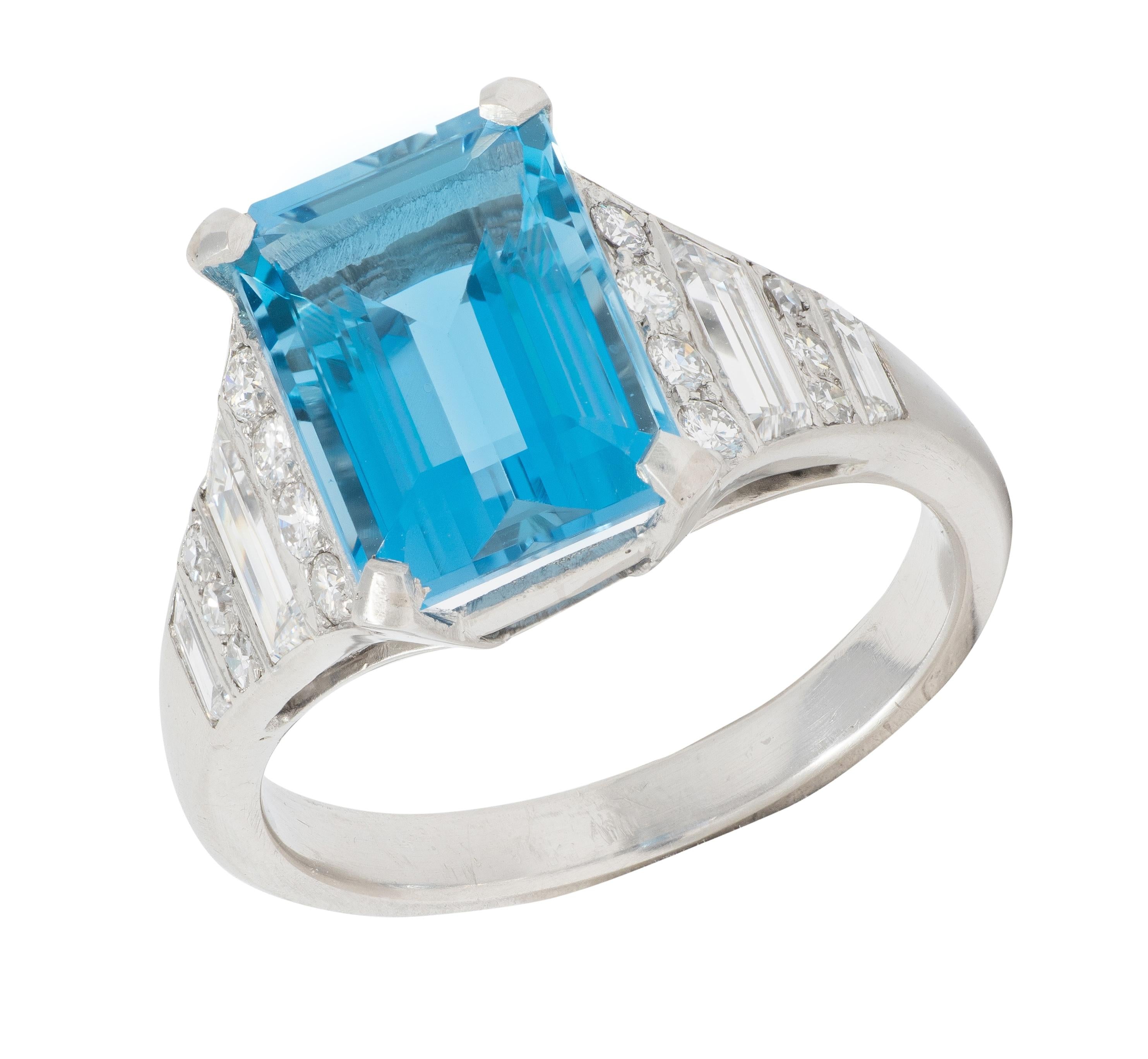 Mid-Century 4.60 CTW Aquamarine Diamond Platinum Vintage Cocktail Ring