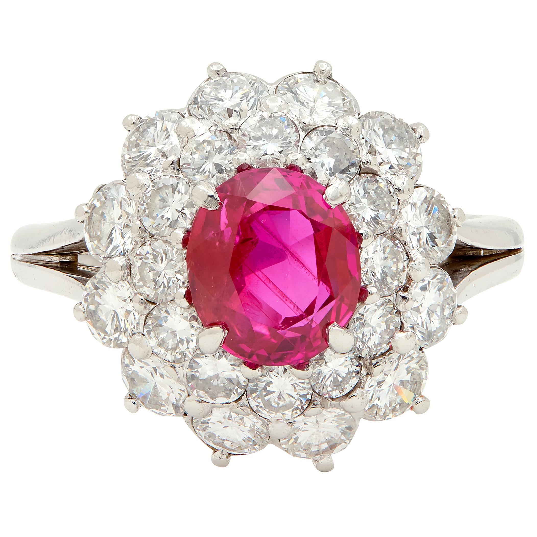 1950's 4.00 CTW No-Heat Burma Ruby Diamond Platinum Vintage Double Halo Ring AGL