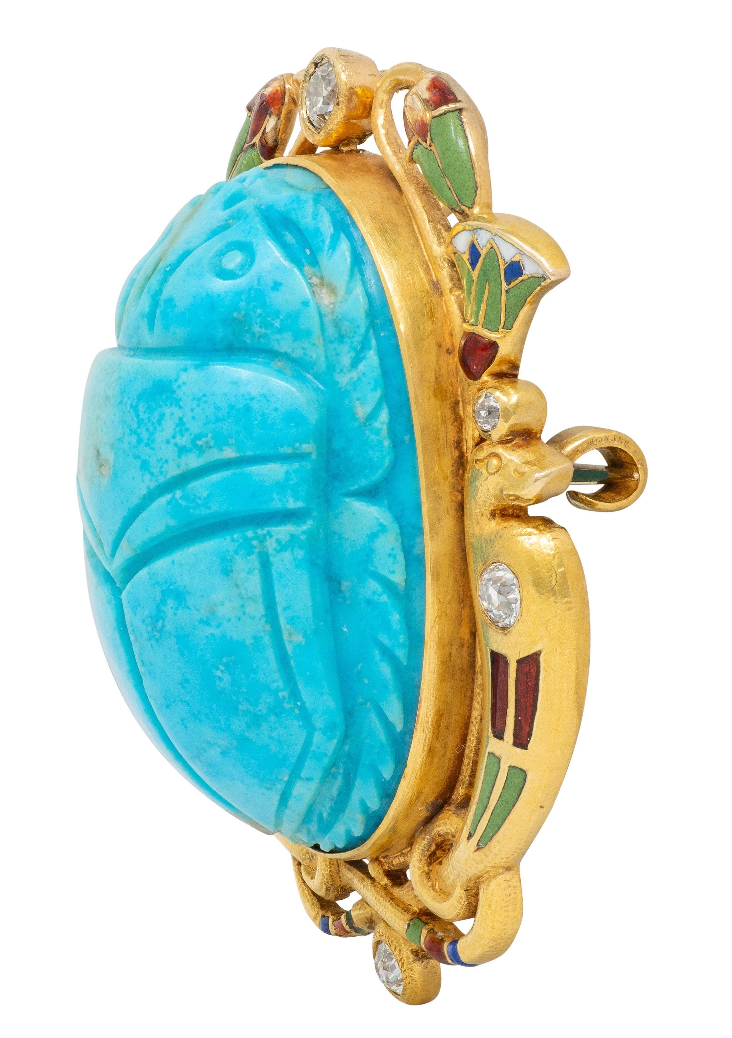 Art Deco Turquoise Diamond Enamel 14K Gold Antique Egyptian Scarab Brooch
