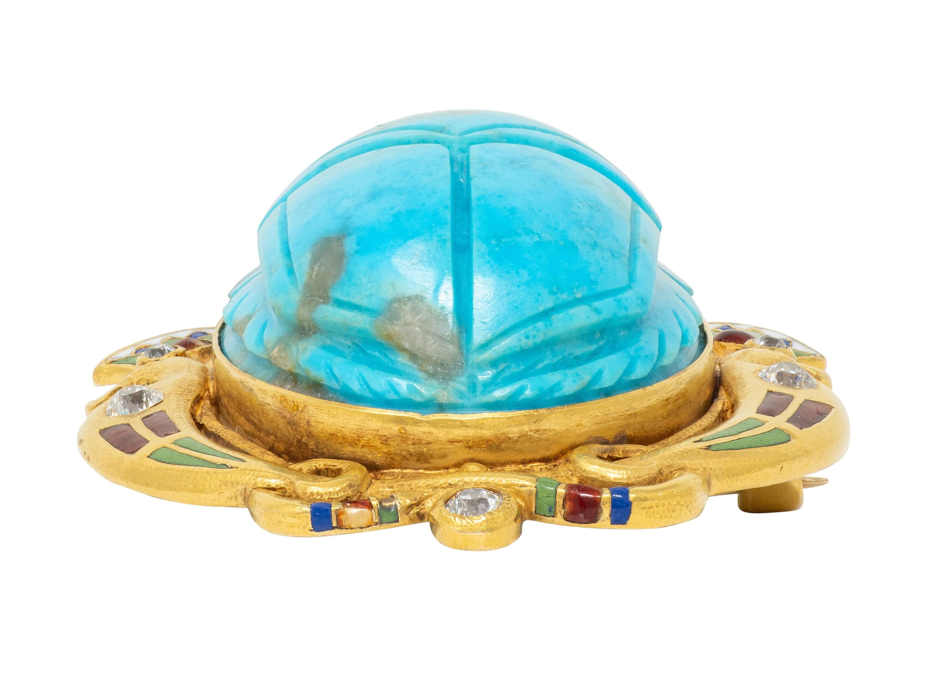 Art Deco Turquoise Diamond Enamel 14K Gold Antique Egyptian Scarab Brooch