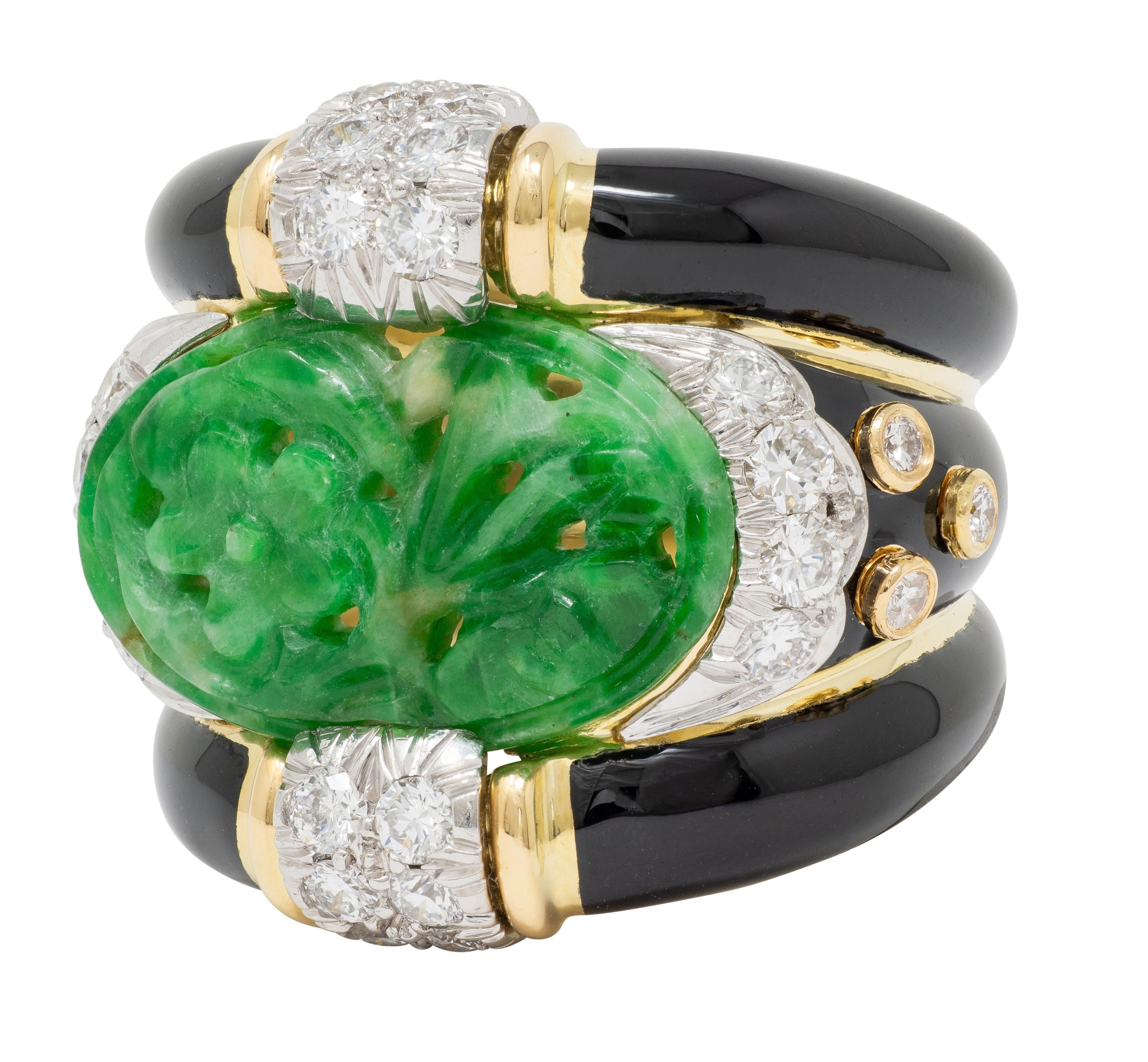 David Webb 1980's Jade Diamond Enamel Platinum 18K Gold Floral Vintage Band Ring