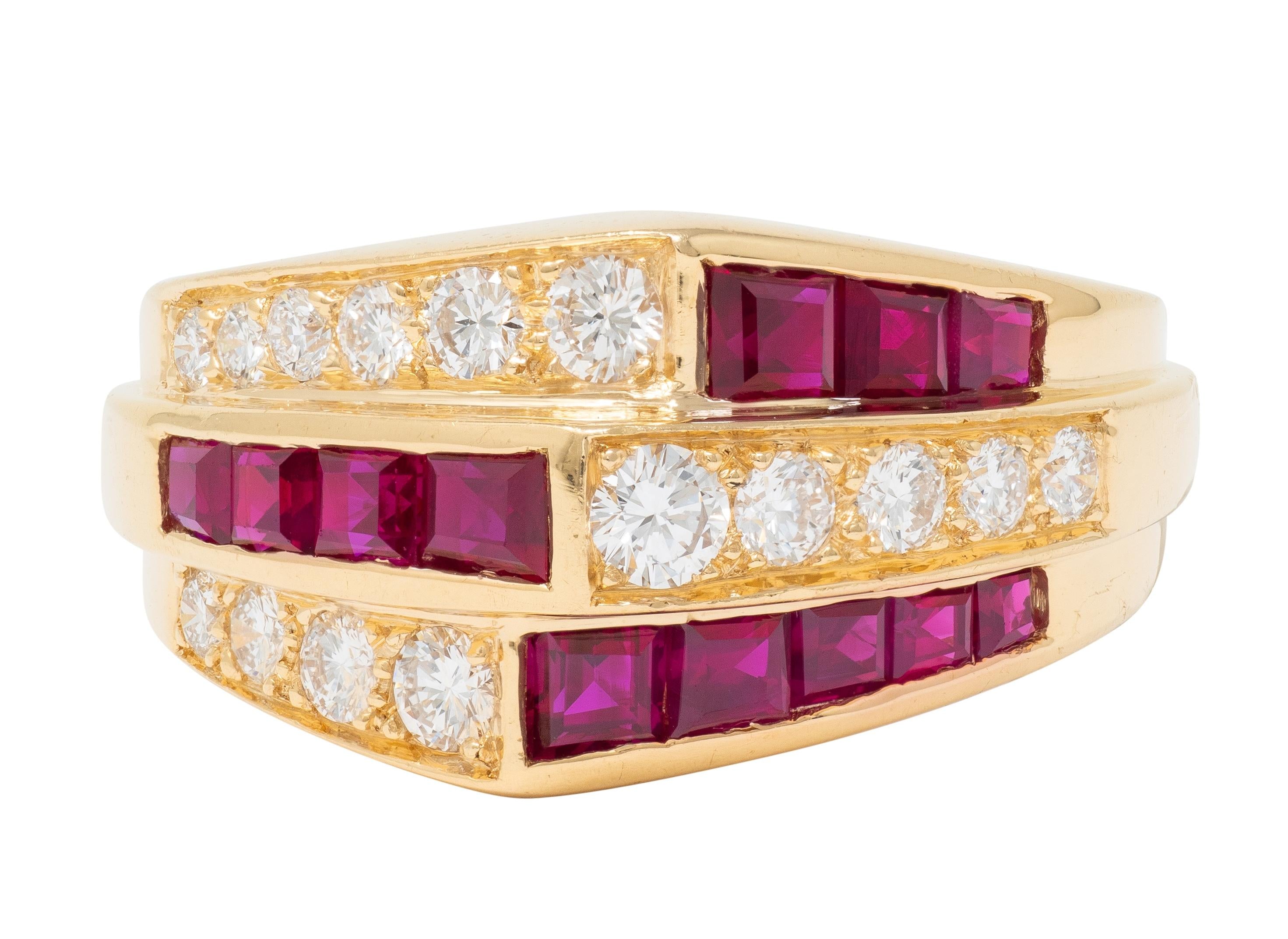 Oscar Heyman 1980's Ruby Diamond 18 Karat Yellow Gold Vintage Channel Band Ring