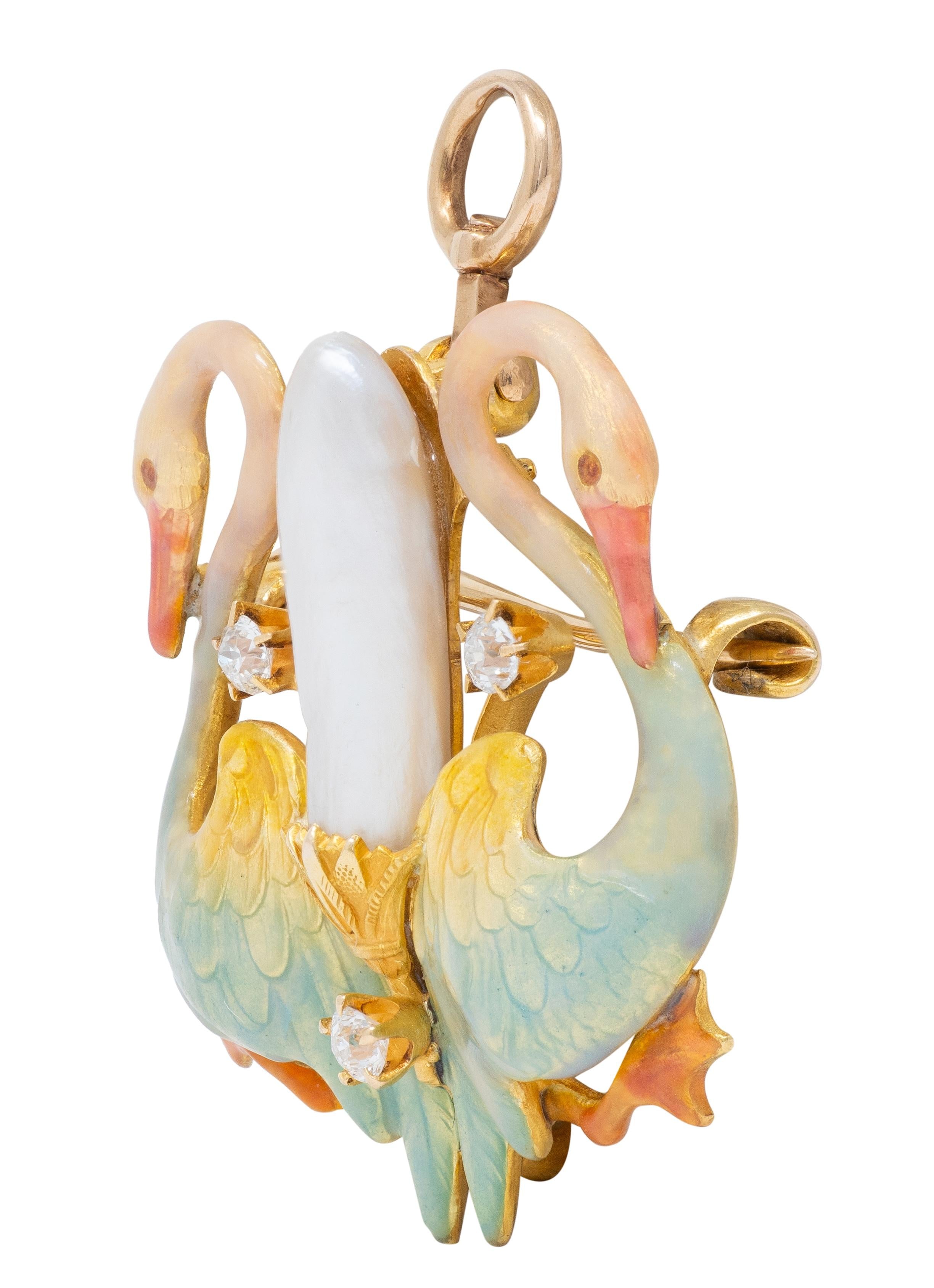 Krementz Art Nouveau Multi-Gem Enamel 14K Gold Antique Swan Pendant Brooch