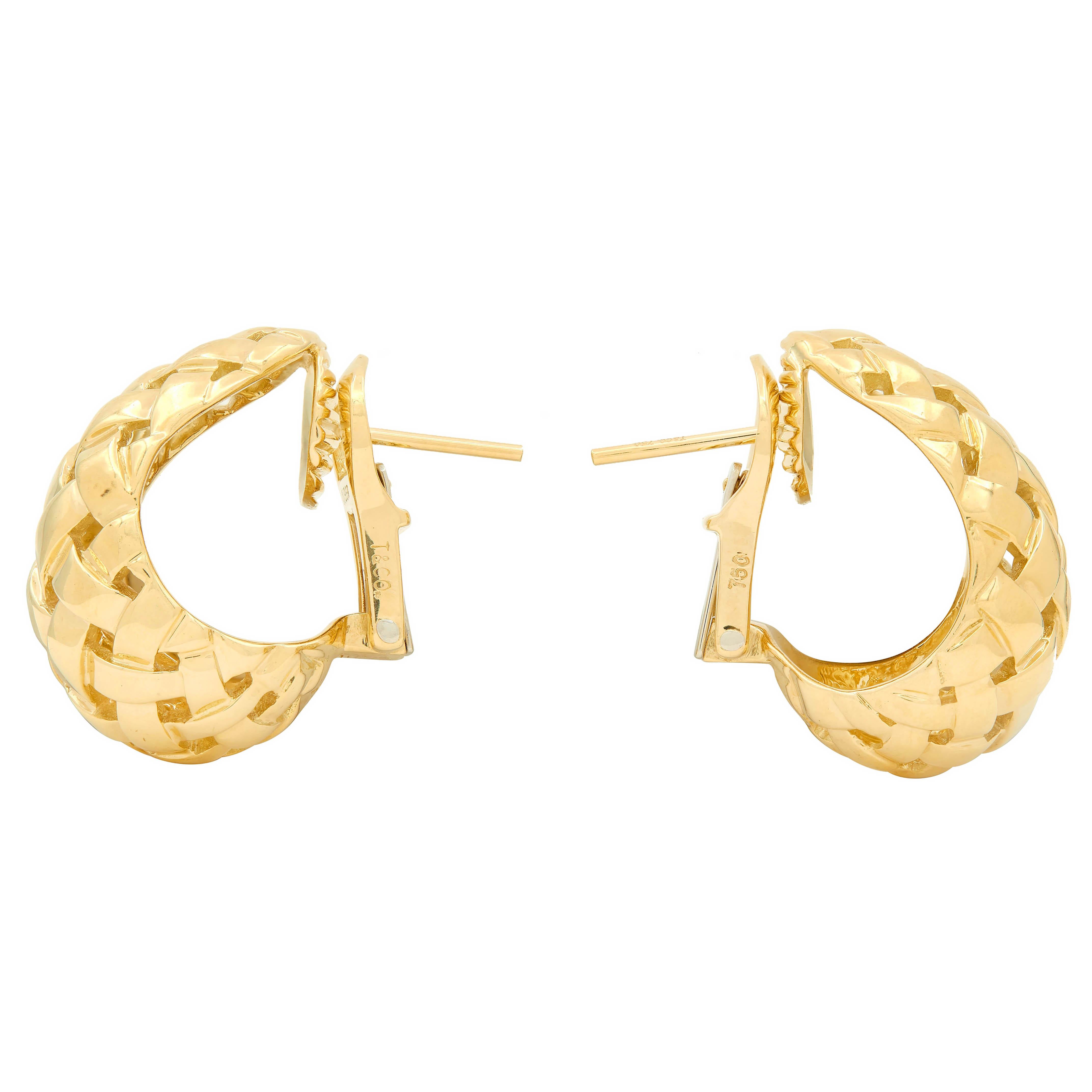 Tiffany & Co. 1989 18K Gold Vintage Vannerie Basket Weave J-Hoop Earrings