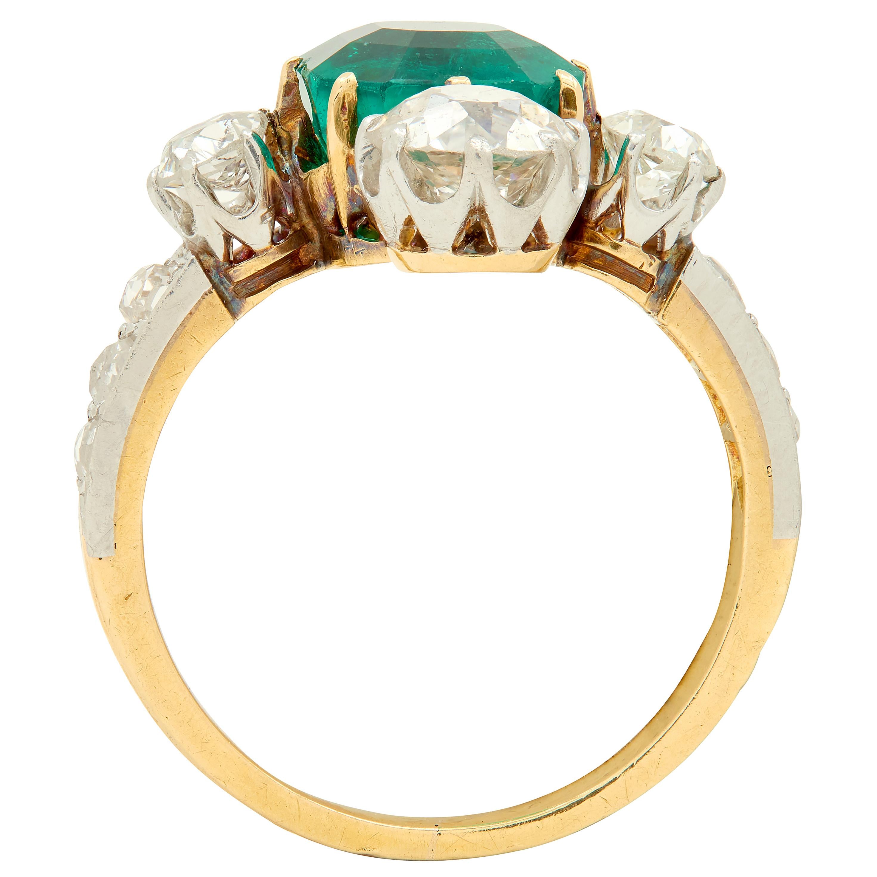 Edwardian 4.25 CTW Colombian Emerald Diamond Platinum 18K Gold Antique Ring AGL