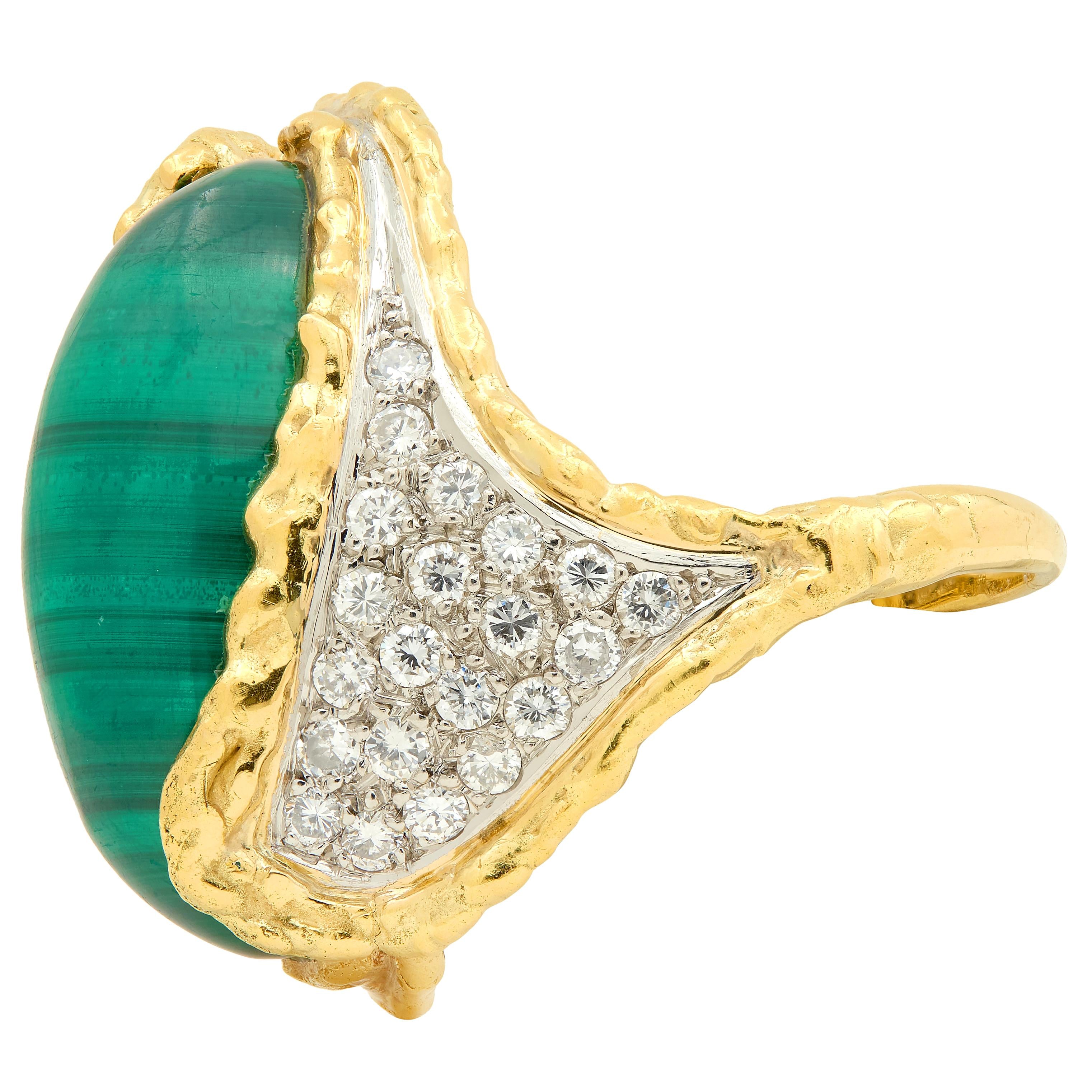Chaumet French 1960's Malachite Diamond Platinum 18K Gold Vintage Brutalist Ring