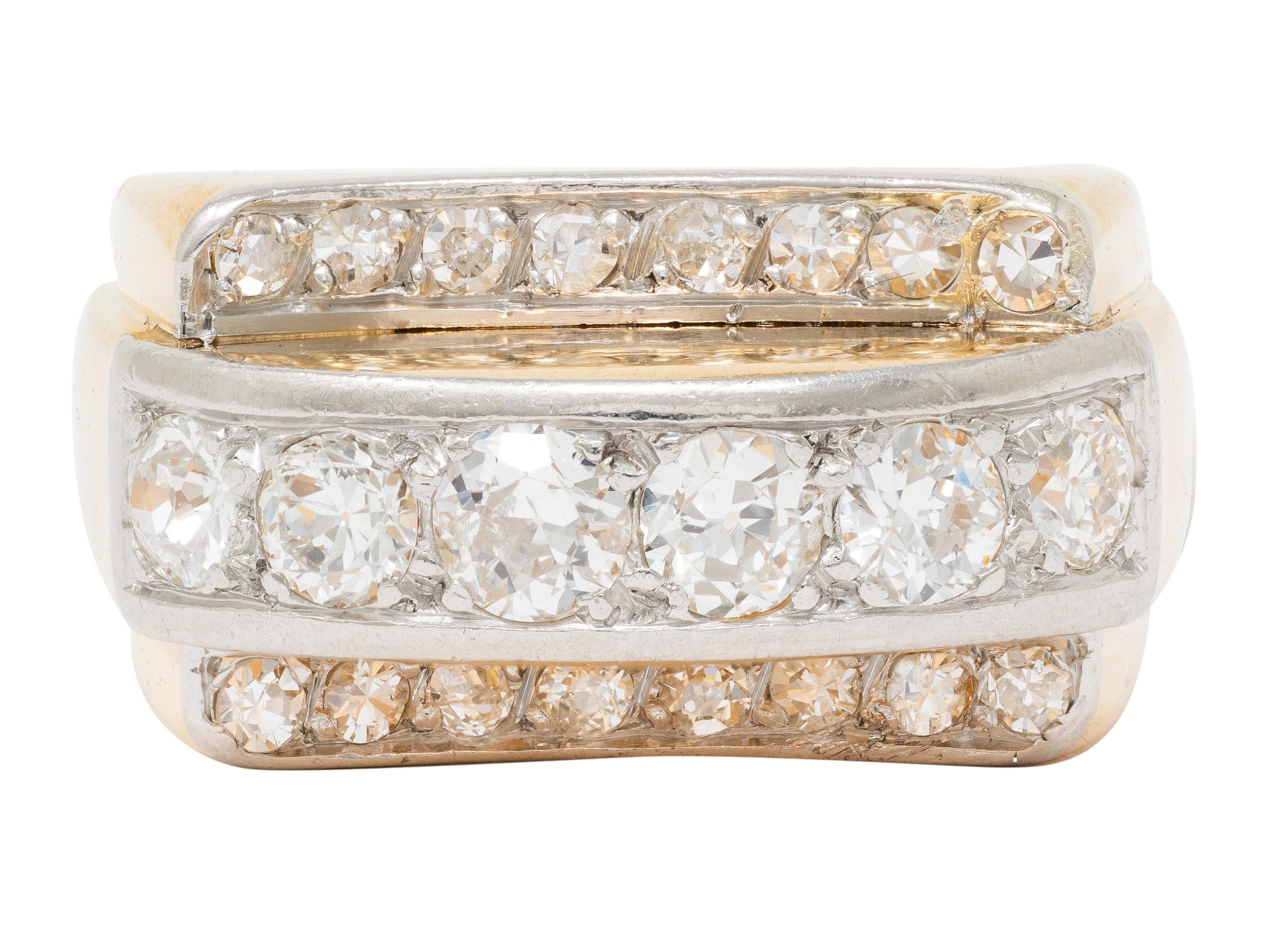 Art Deco 1.20 CTW Diamond Platinum 18K Yellow Gold Vintage Streamline Band Ring