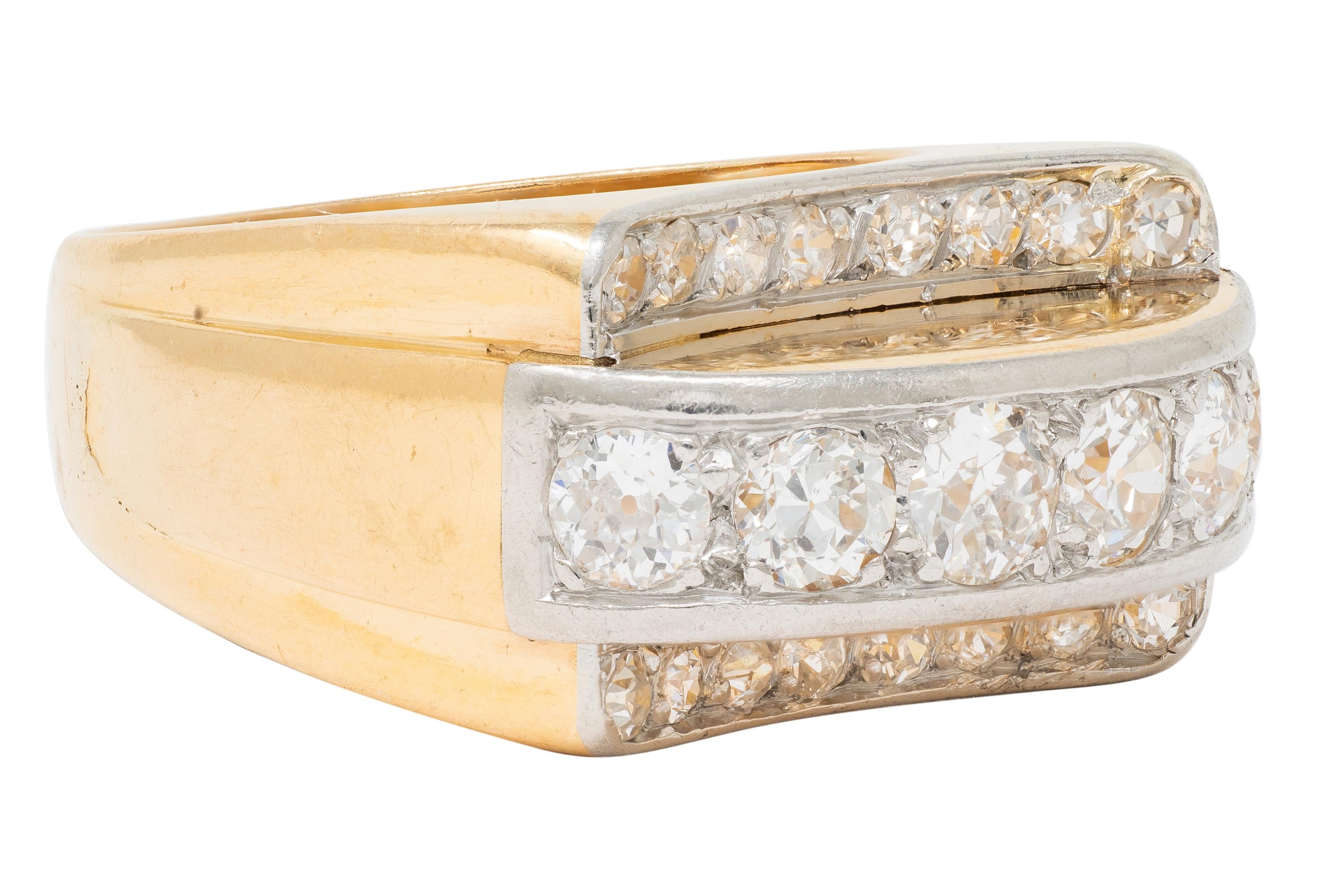 Art Deco 1.20 CTW Diamond Platinum 18K Yellow Gold Vintage Streamline Band Ring