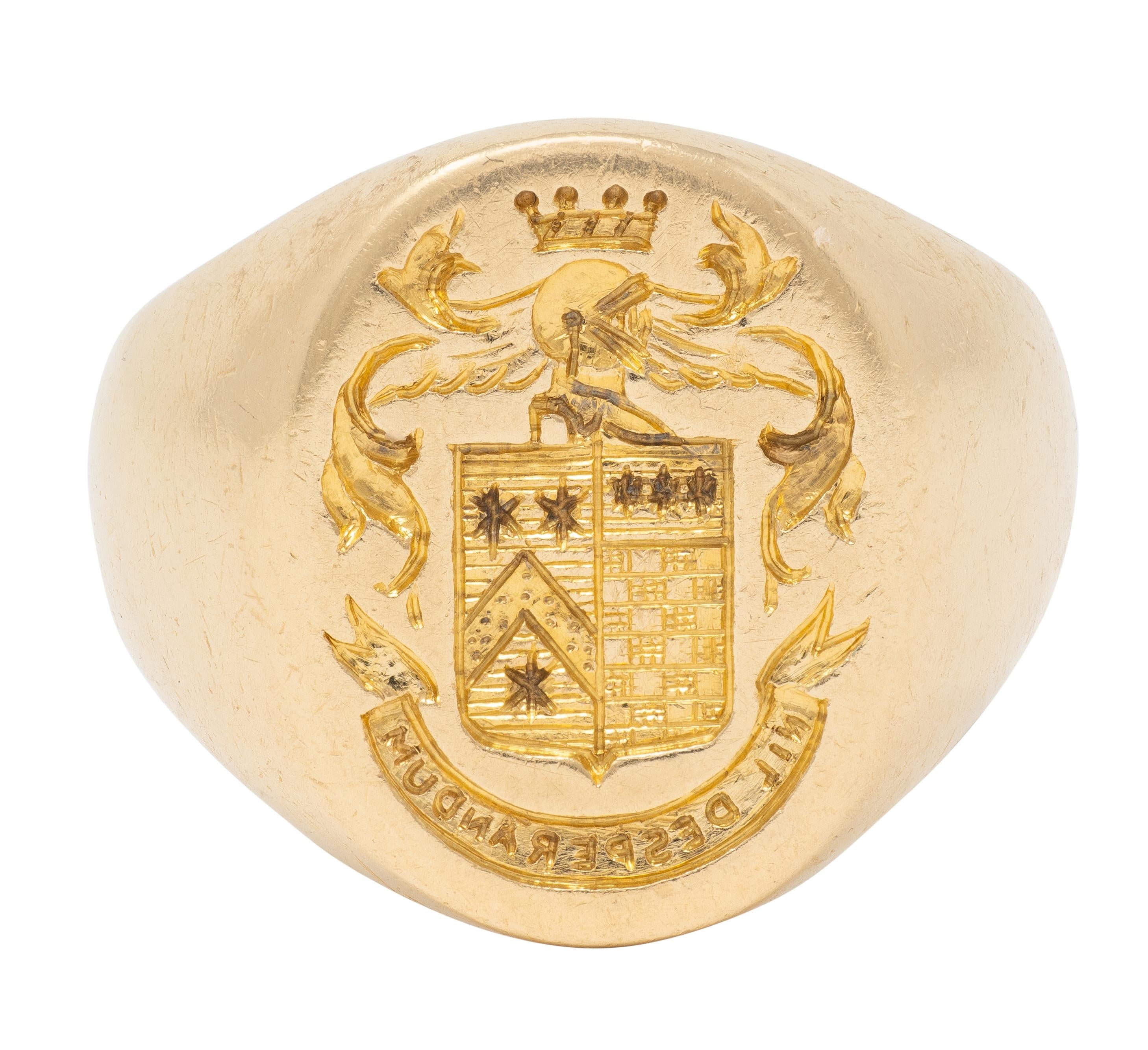 Tiffany & Co Edwardian 14K Yellow Gold Antique Unisex Heraldic Crest Signet Ring