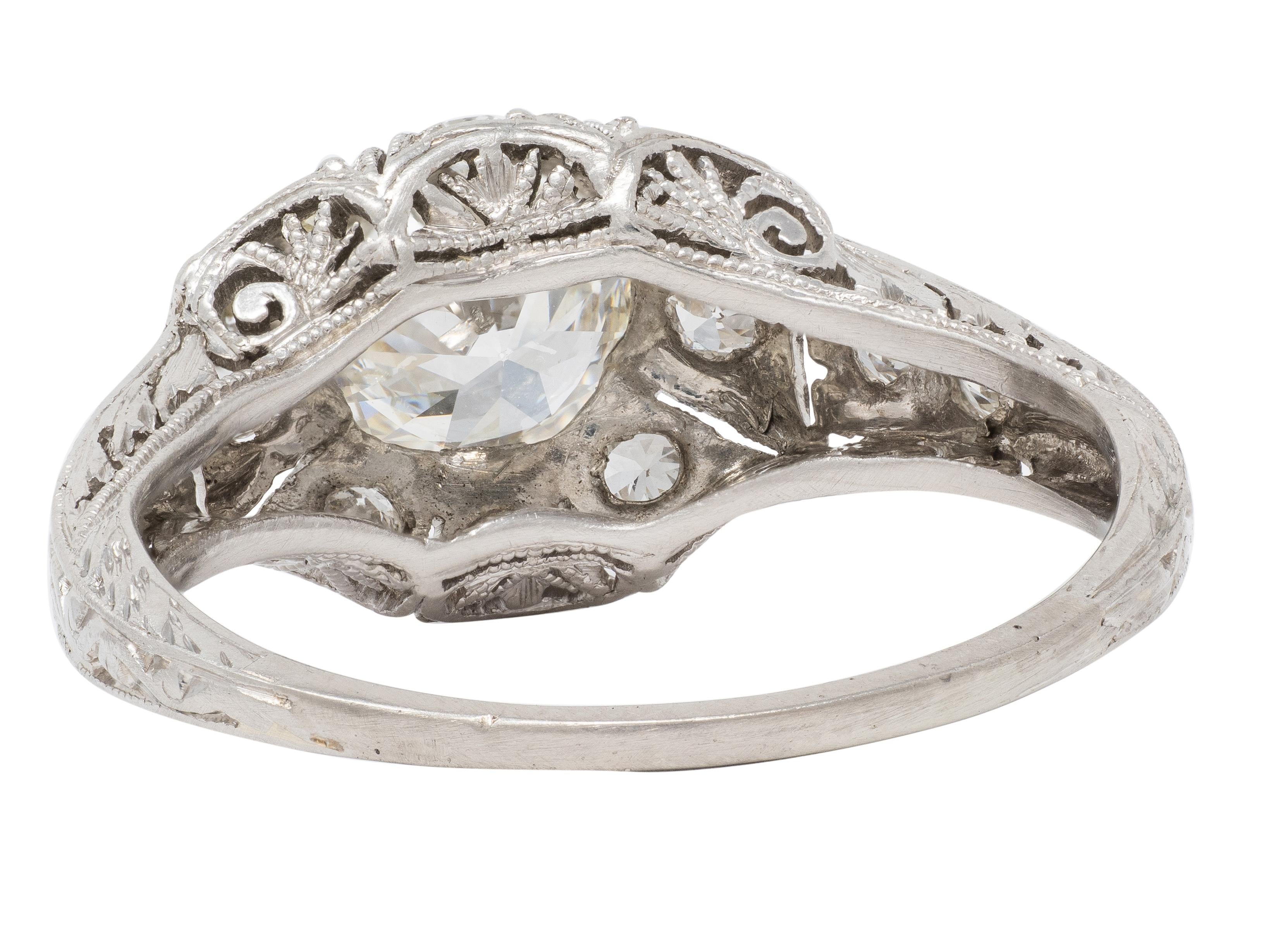 Art Deco Old European Diamond Platinum Vintage Scrolling Palm Engagement Ring