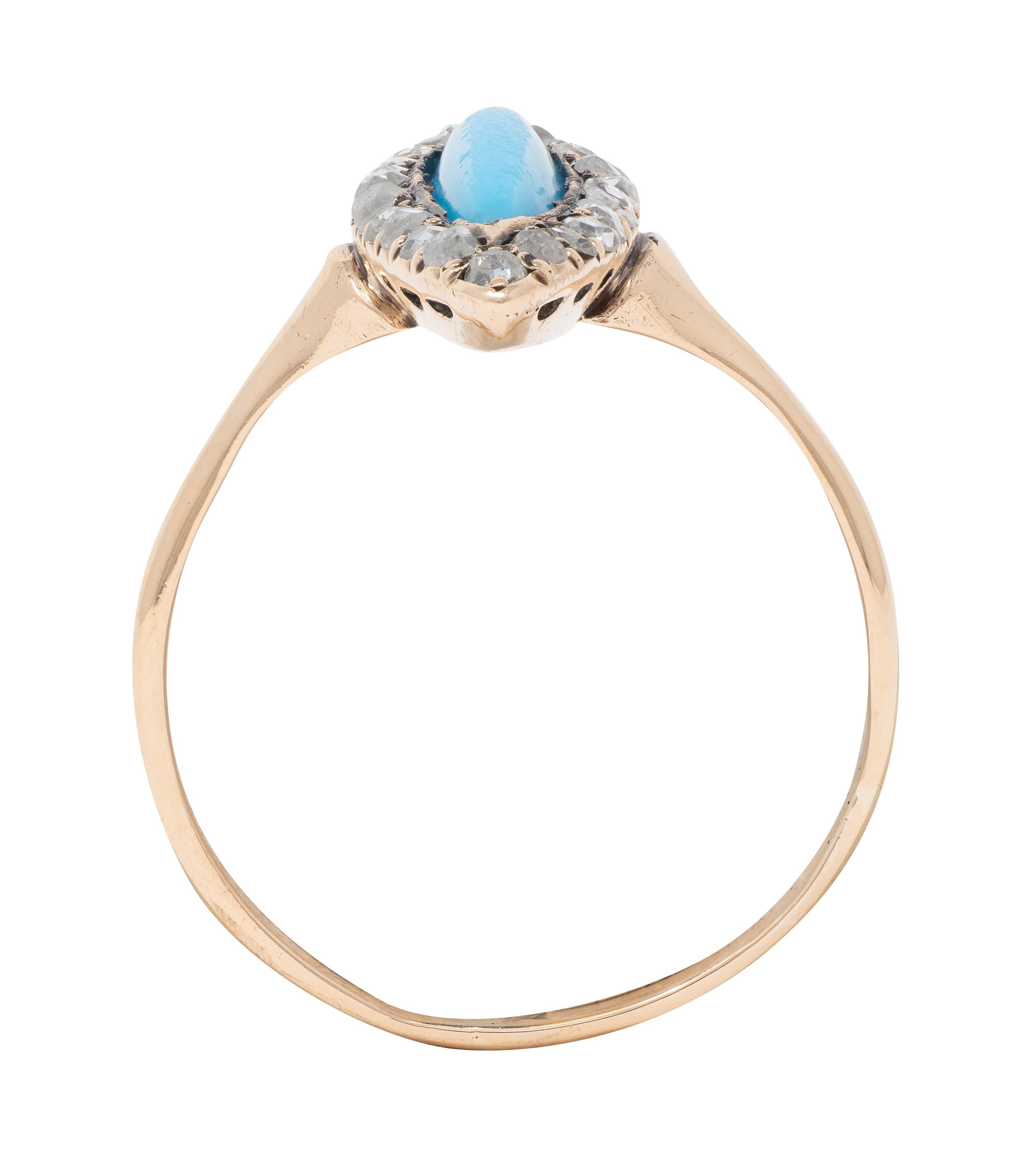 Victorian Turquoise Diamond 14 Karat Rose Gold Antique Navette Halo Ring