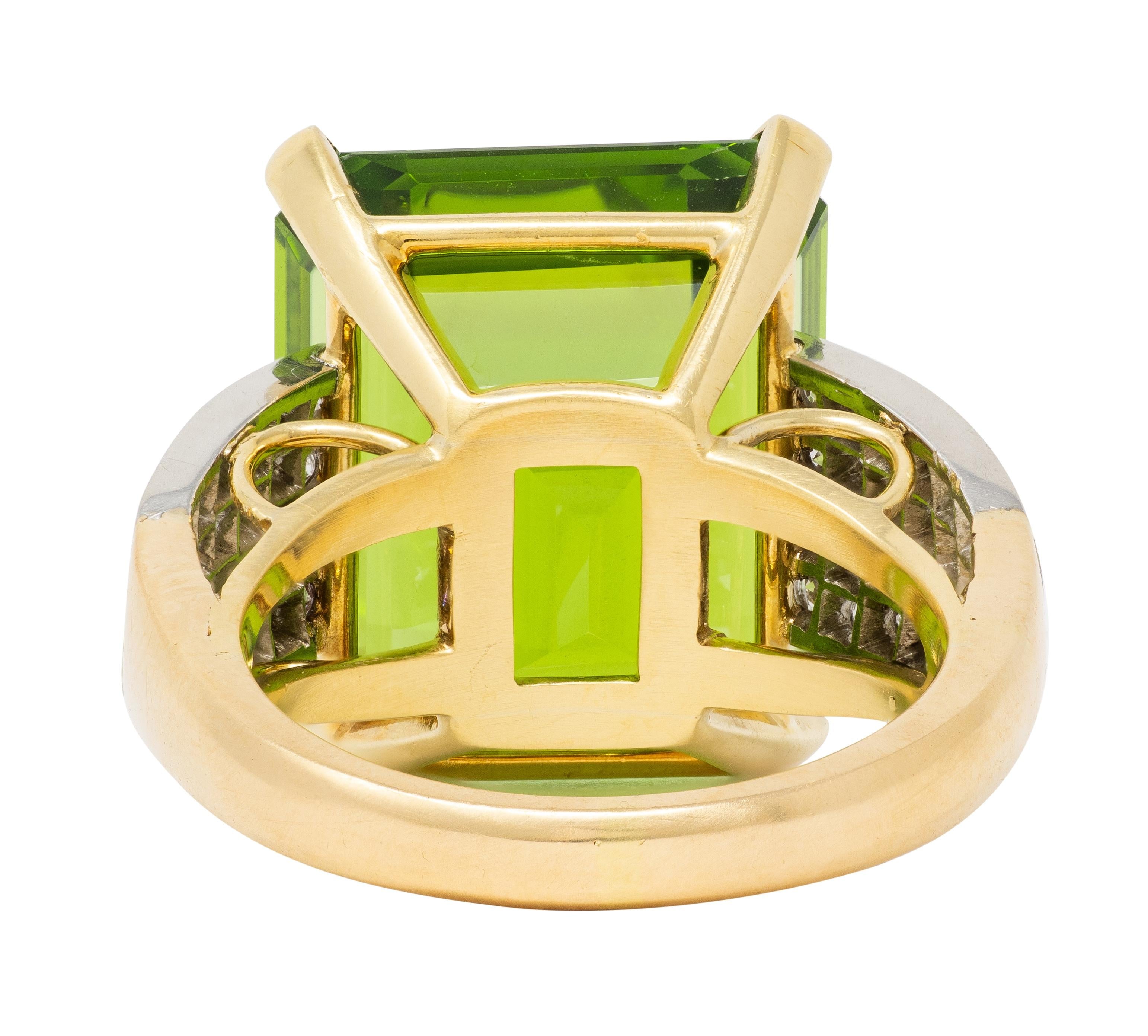 Retro 28.96 CTW Peridot Diamond Platinum 18K Yellow Gold Vintage Cocktail Ring