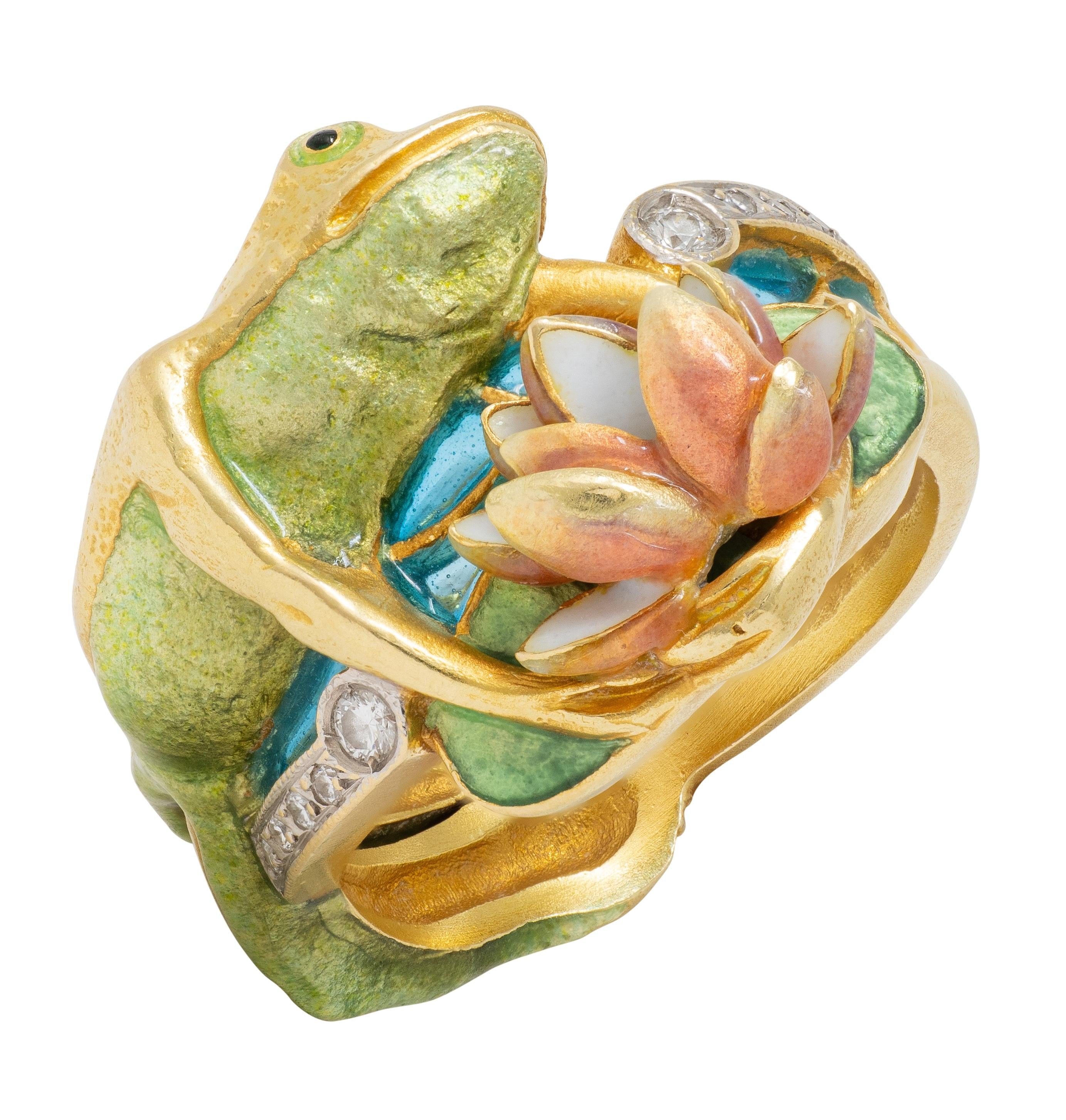Masriera Contemporary Diamond Enamel 18K Gold Platinum Frog Water Lily Ring