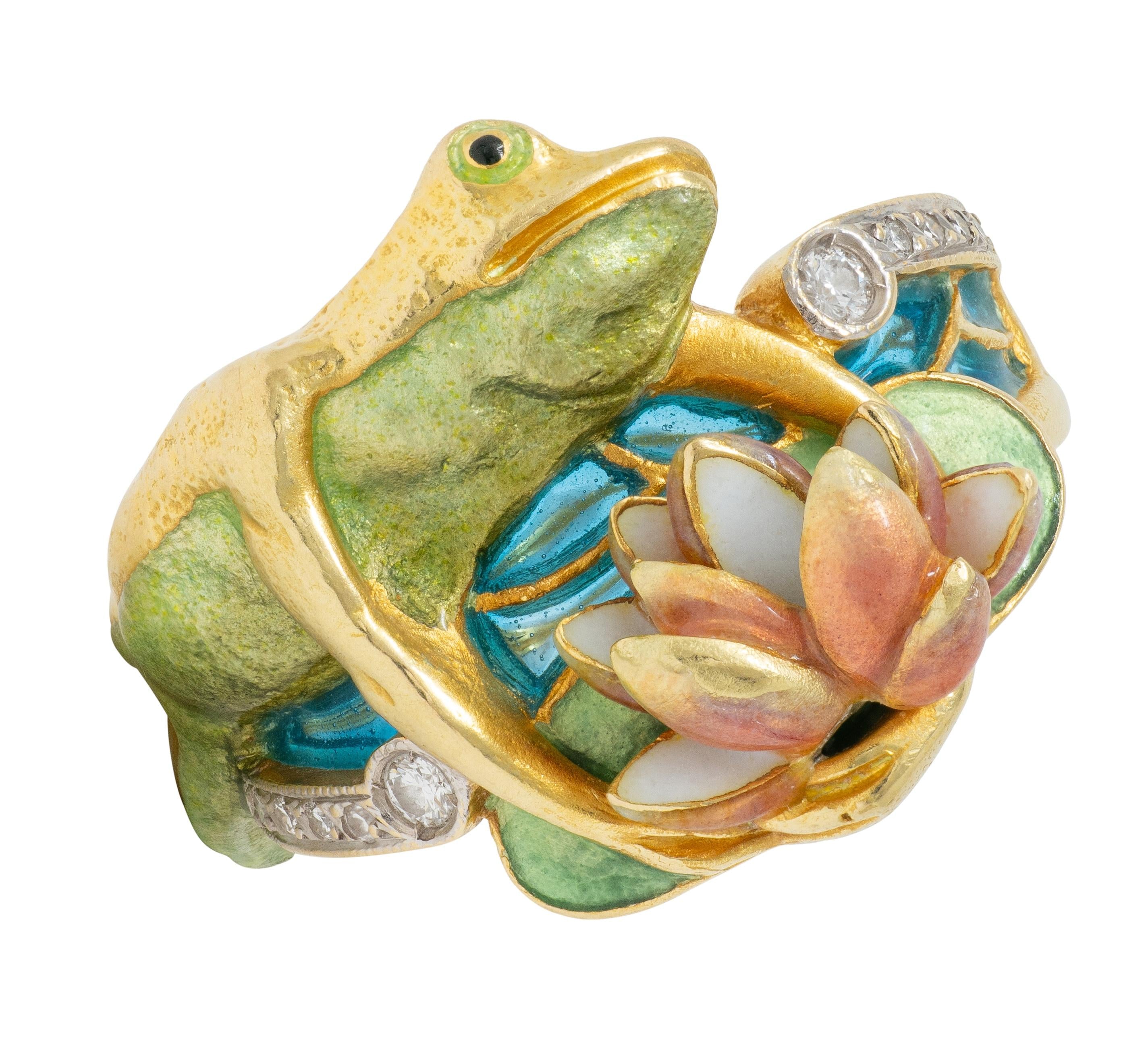 Masriera Contemporary Diamond Enamel 18K Gold Platinum Frog Water Lily Ring