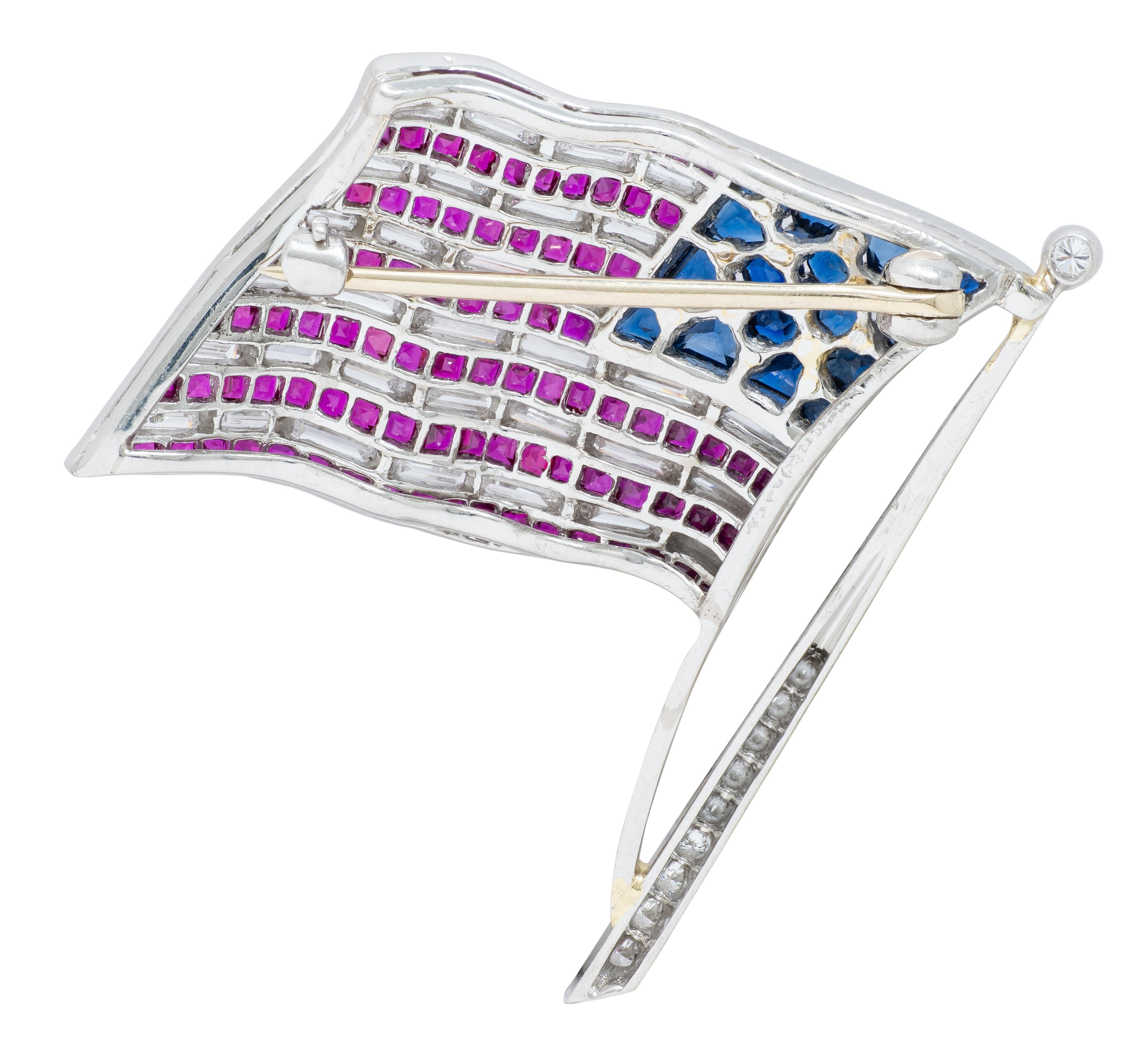 Oscar Heyman Ruby Sapphire Diamond Platinum Vintage American Flag Brooch