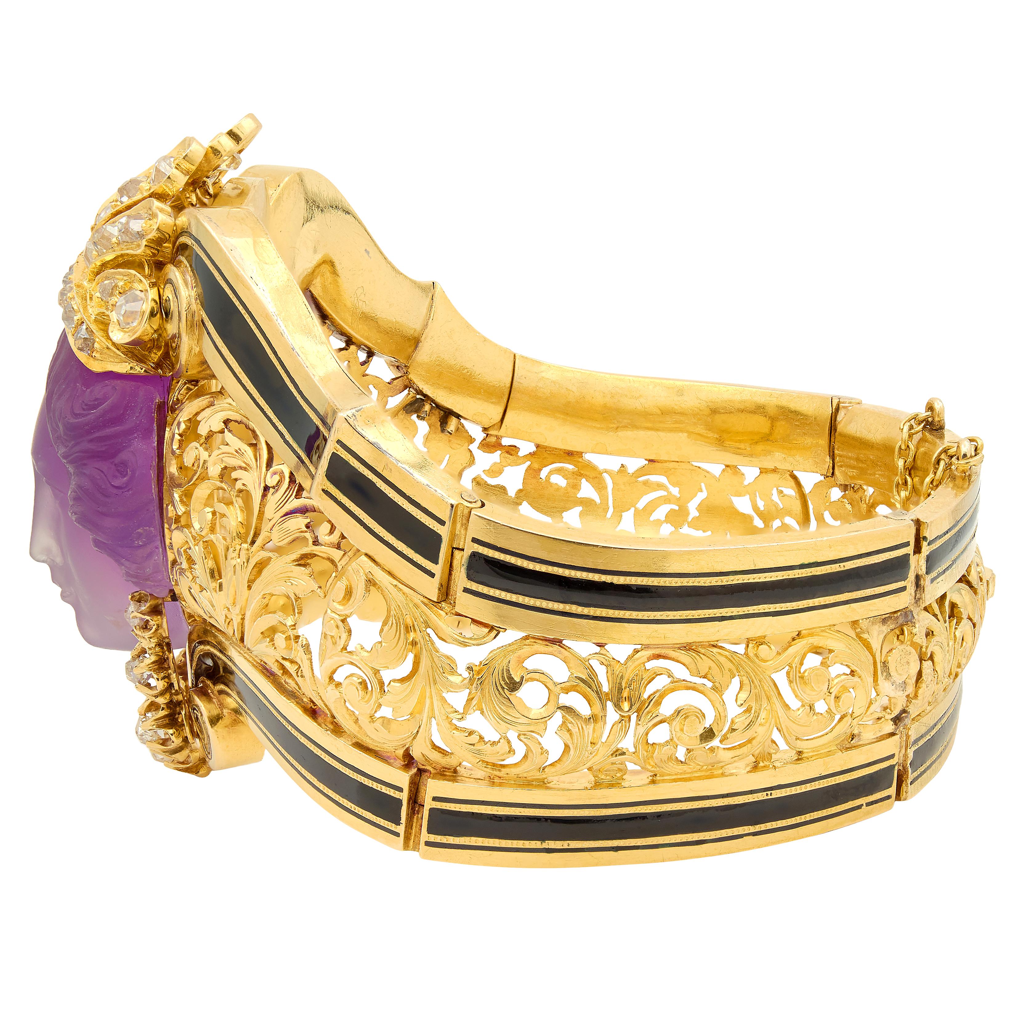 Victorian French Diamond Amethyst Enamel 18K Gold Carved Queen Bust Bracelet