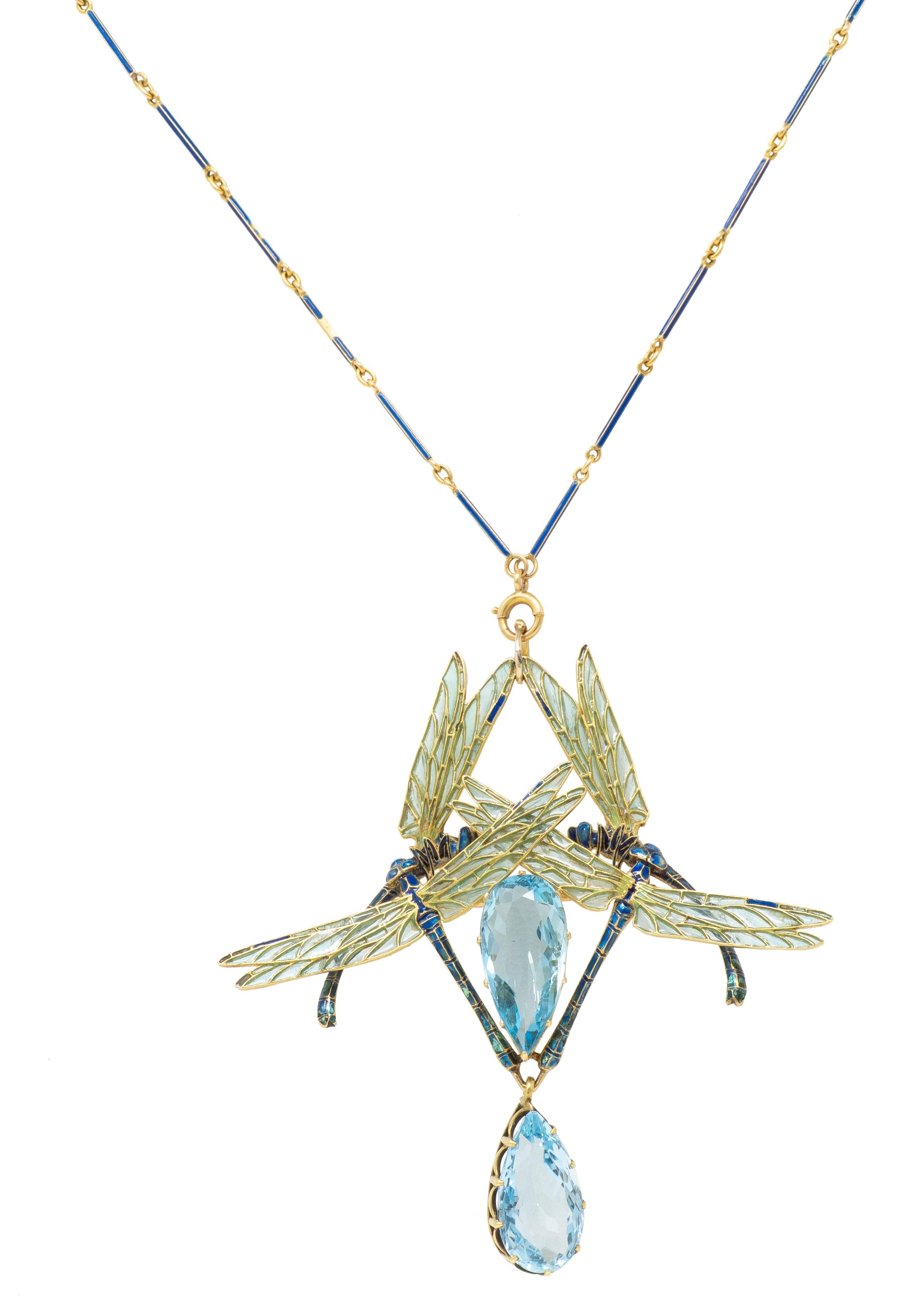 Rene Lalique 1903 Aquamarine Enamel 18K Gold Antique Four Dragonflies Necklace