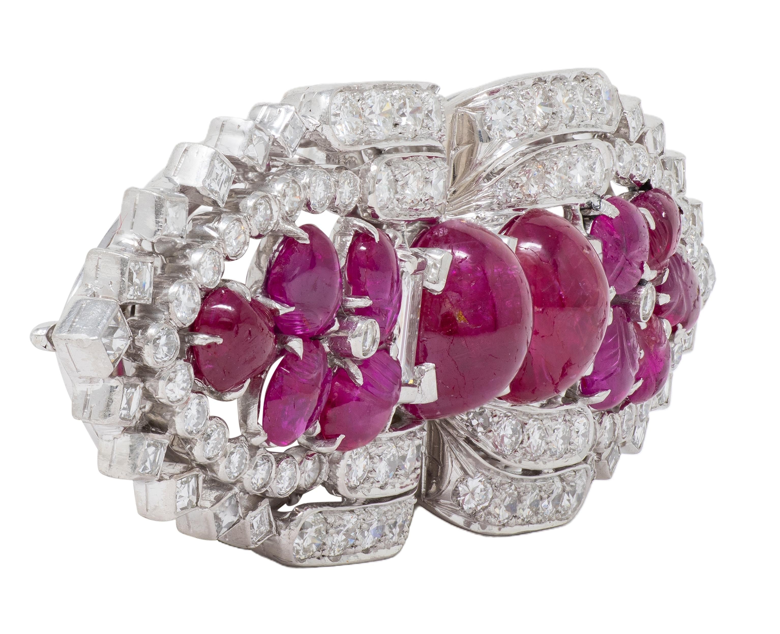 Art Deco Ruby Diamond Platinum Vintage Tutti Frutti Streamlined Brooch Clips