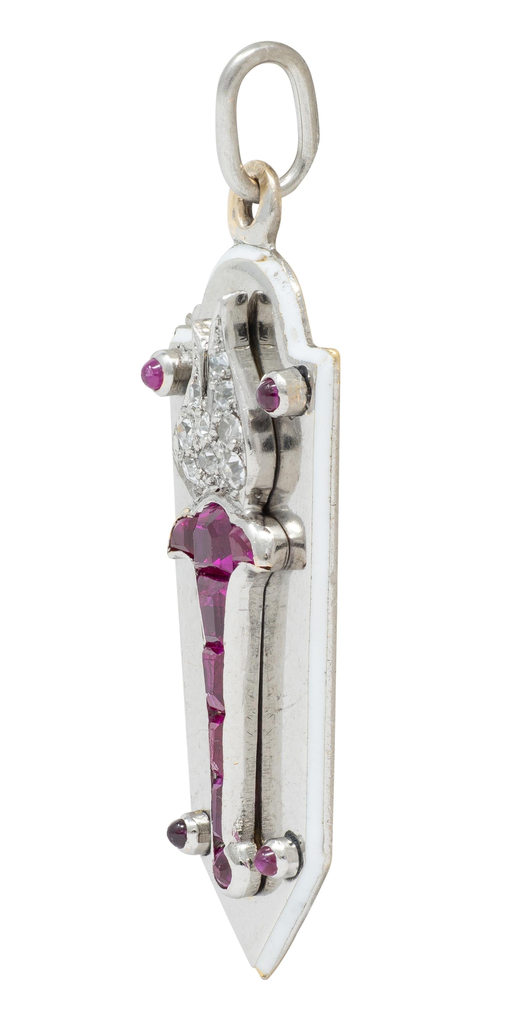 Art Deco Diamond Ruby Enamel 18 Karat White Gold Vintage Torch Charm