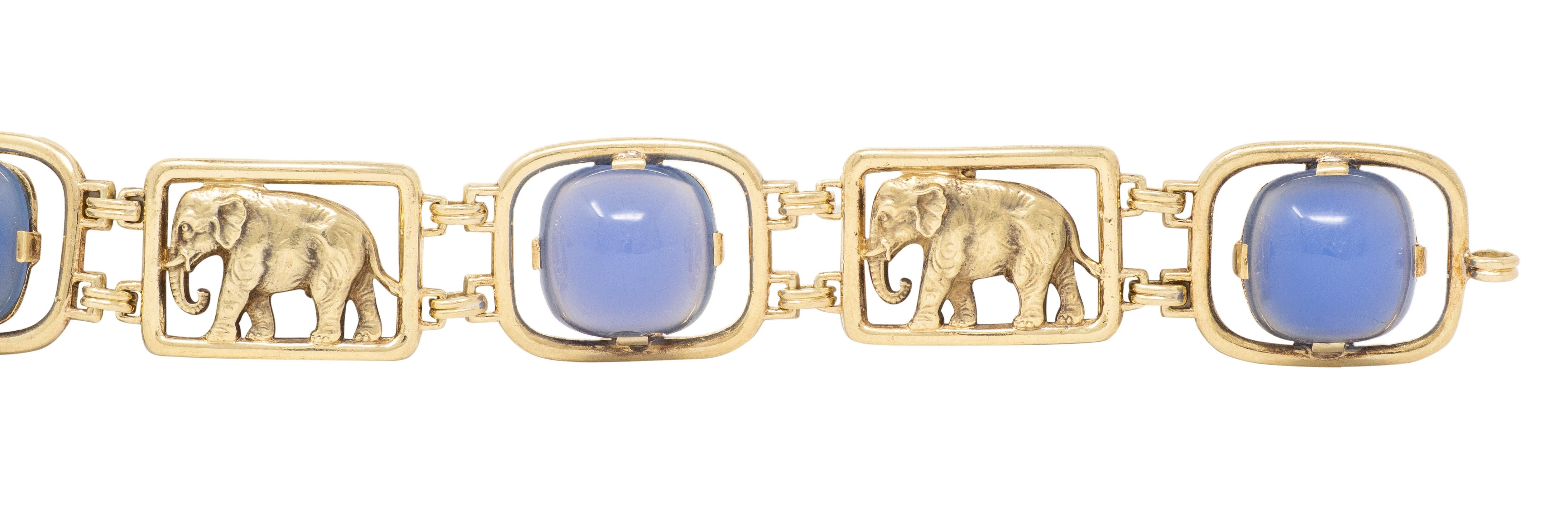Carter Gough & Co. Art Deco Blue Chalcedony 14K Gold Vintage Elephant Bracelet