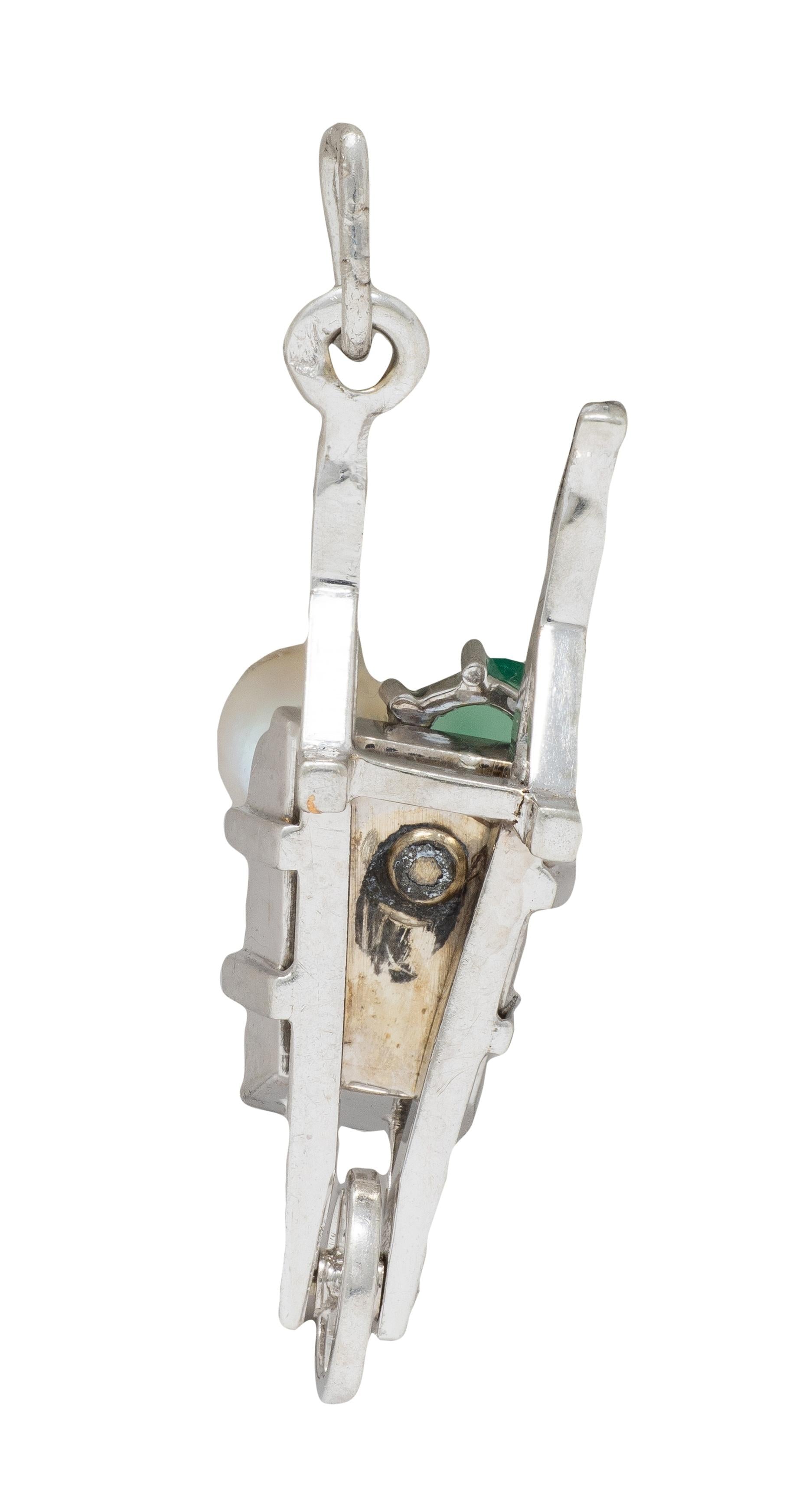 Art Deco French Multi-Gem 18 Karat White Gold Vintage Wheel Barrow Charm