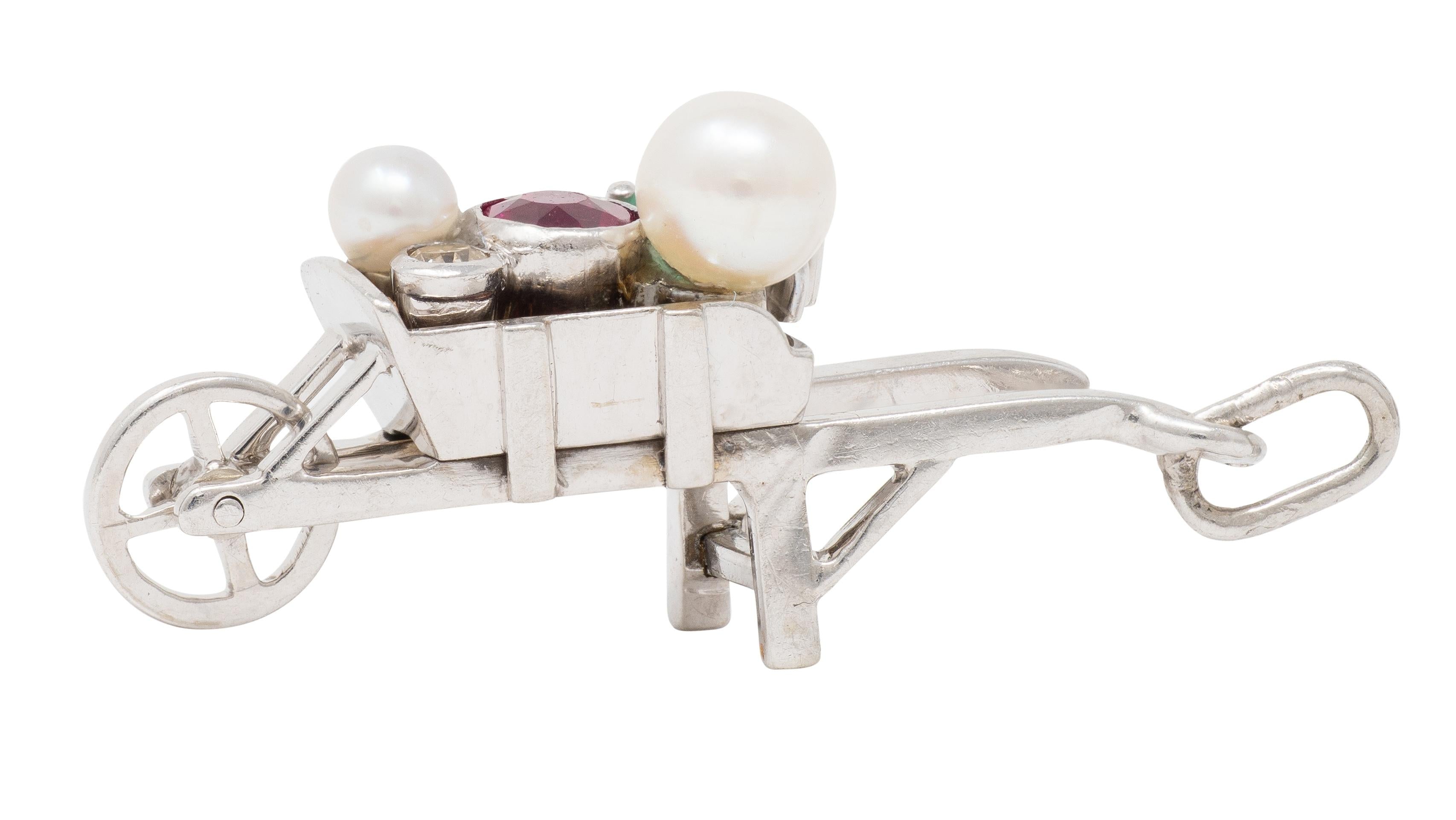 Art Deco French Multi-Gem 18 Karat White Gold Vintage Wheel Barrow Charm