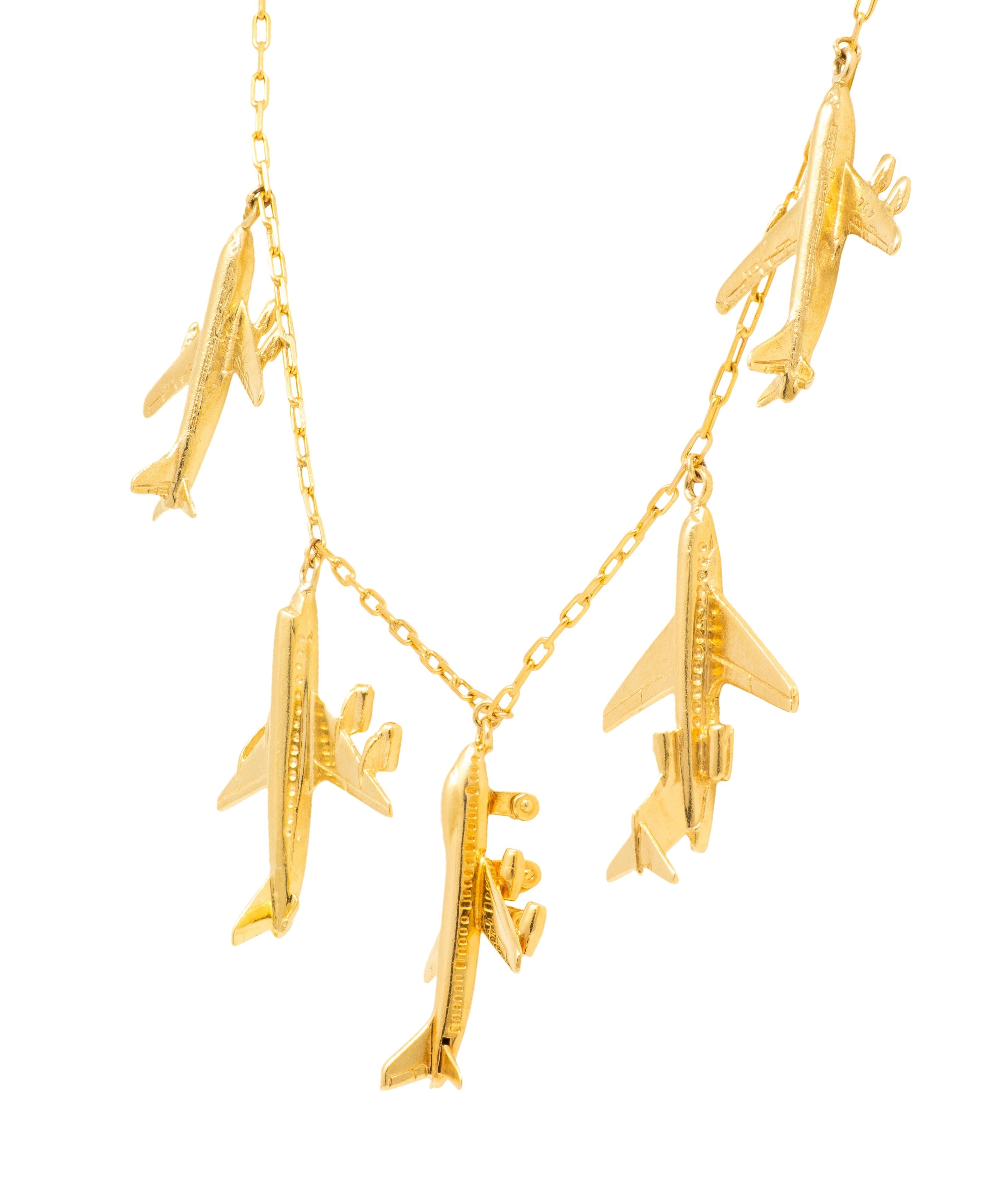 Vintage Yellow Gold 707 Plane Pendant Fringe Airplane Necklace