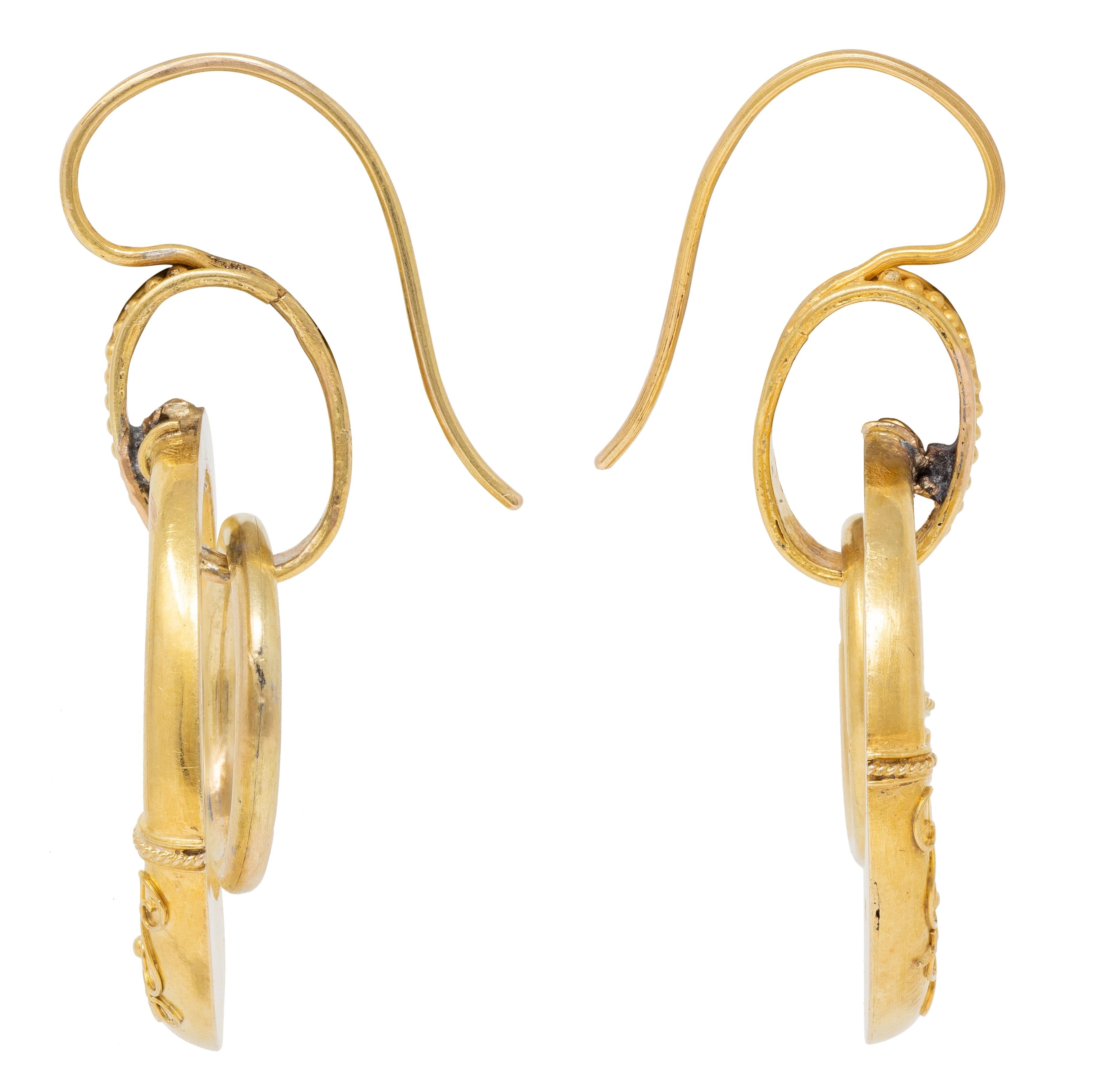 Victorian Etruscan Revival 14K Yellow Gold Antique Filigree Hoop Drop Earrings