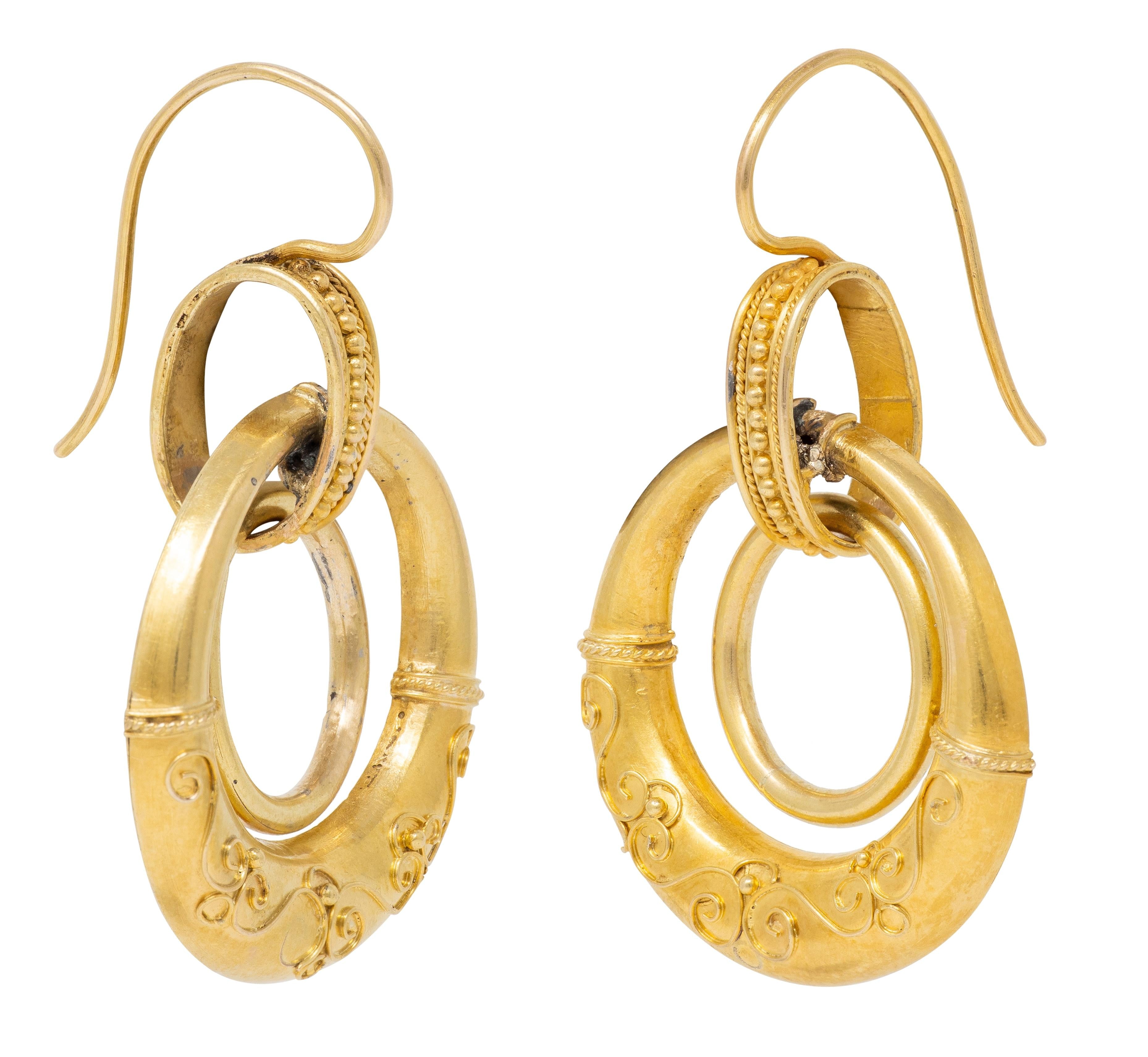 Victorian Etruscan Revival 14K Yellow Gold Antique Filigree Hoop Drop Earrings