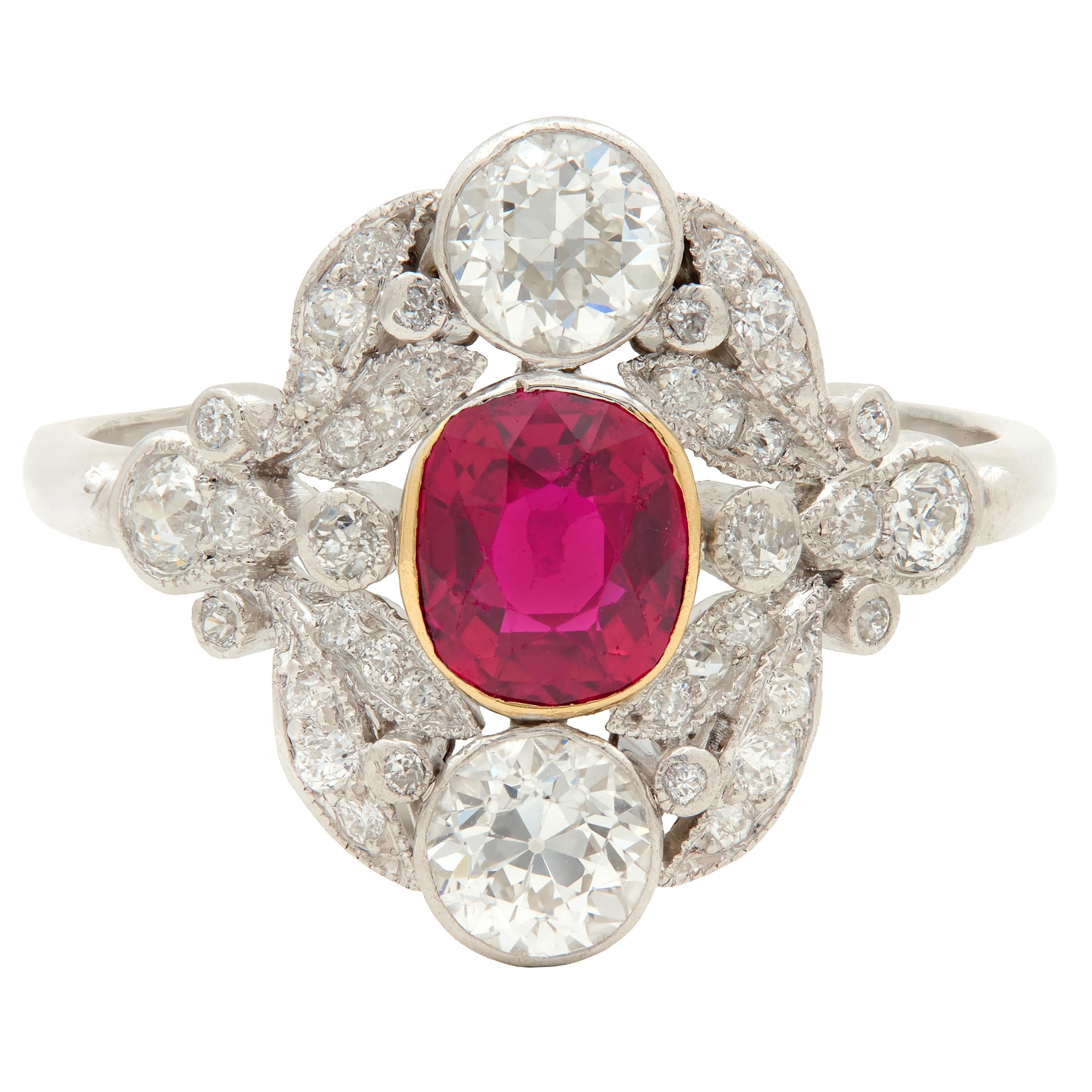 J.E. Caldwell Ruby Diamond Platinum 18K Gold Antique Foliate Dinner Ring GIA