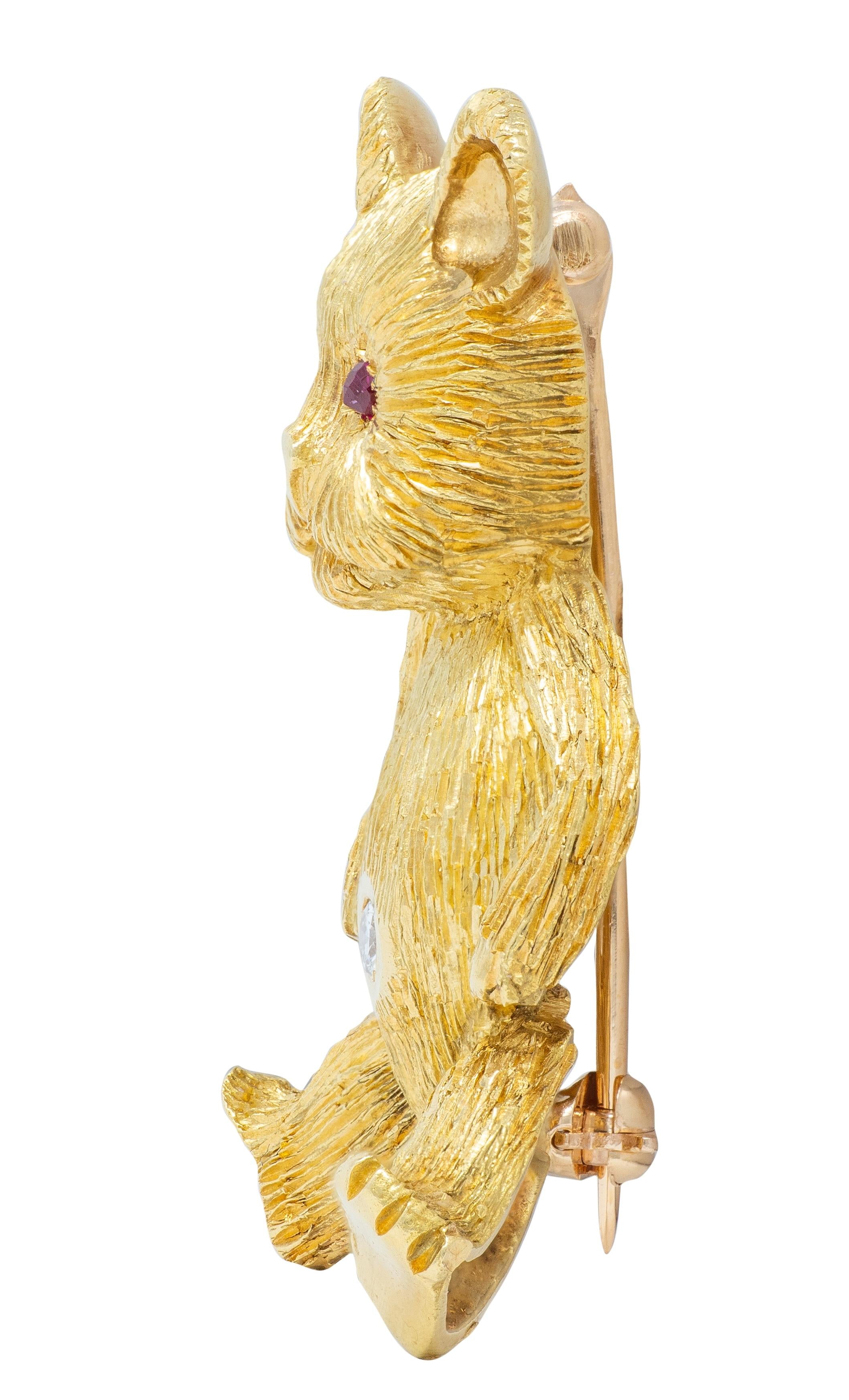 George Lederman 1960's Ruby Diamond 18K Yellow Gold Vintage Teddy Bear Brooch
