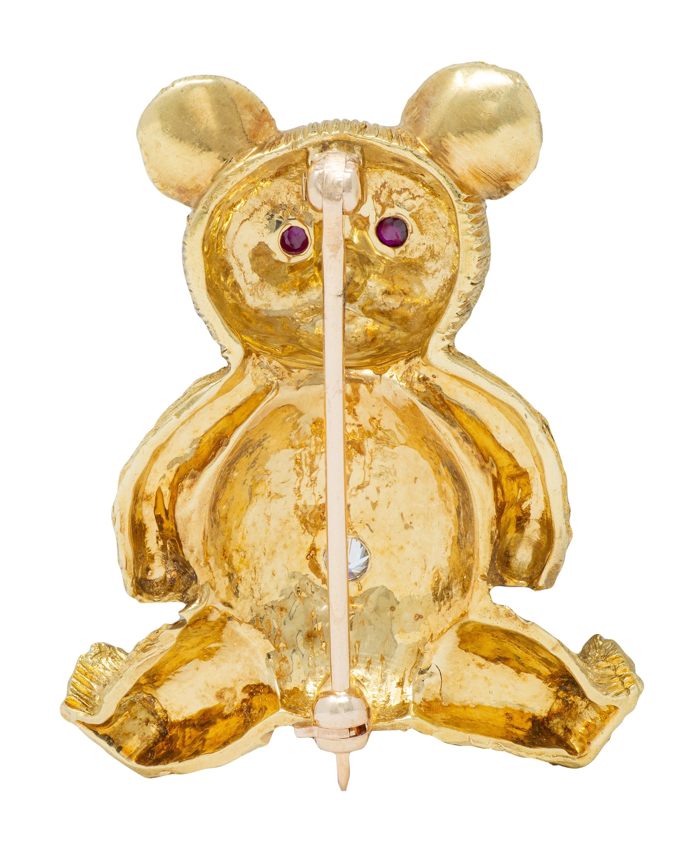 George Lederman 1960's Ruby Diamond 18K Yellow Gold Vintage Teddy Bear Brooch