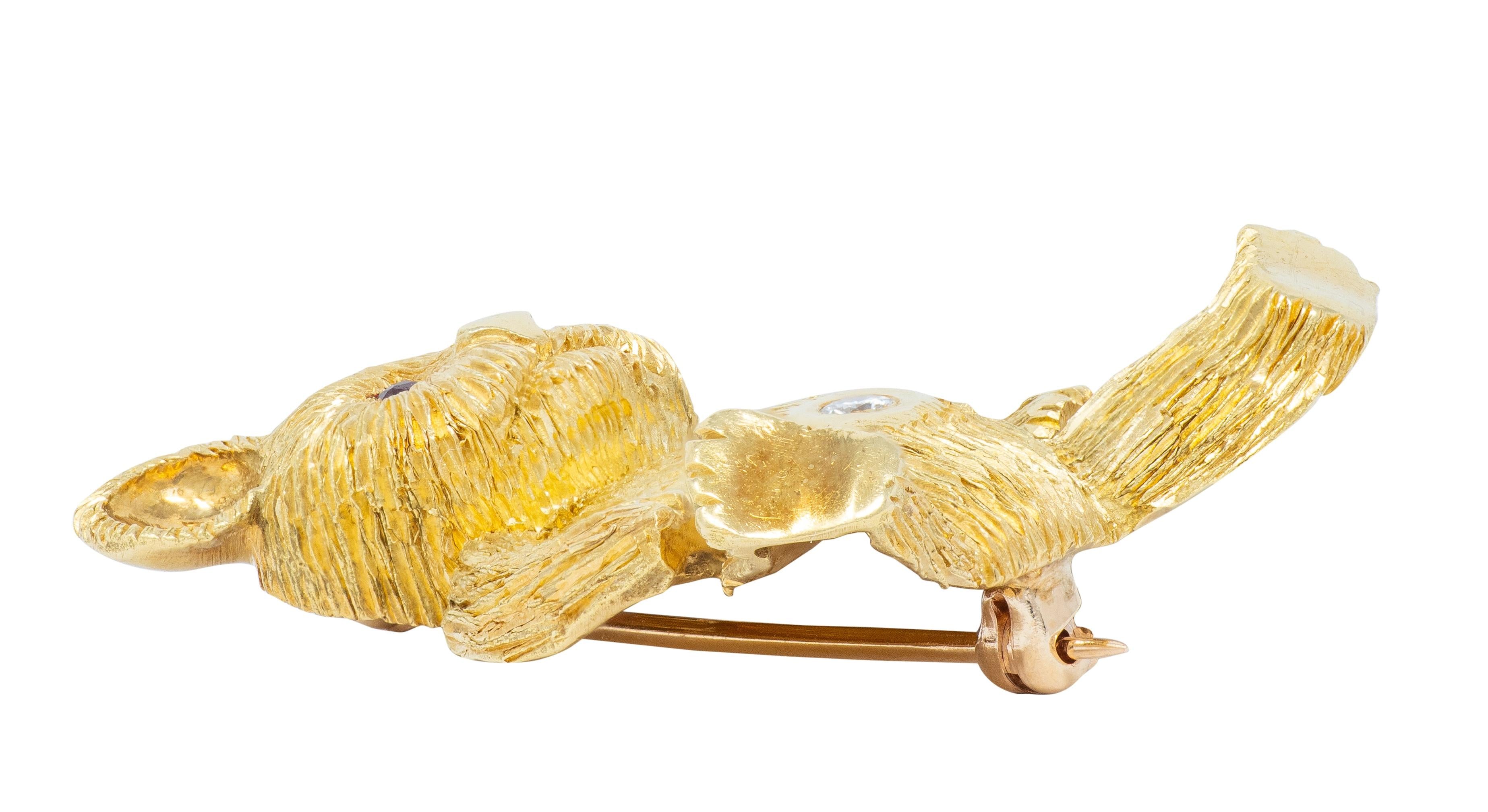 George Lederman 1960's Ruby Diamond 18K Yellow Gold Vintage Teddy Bear Brooch