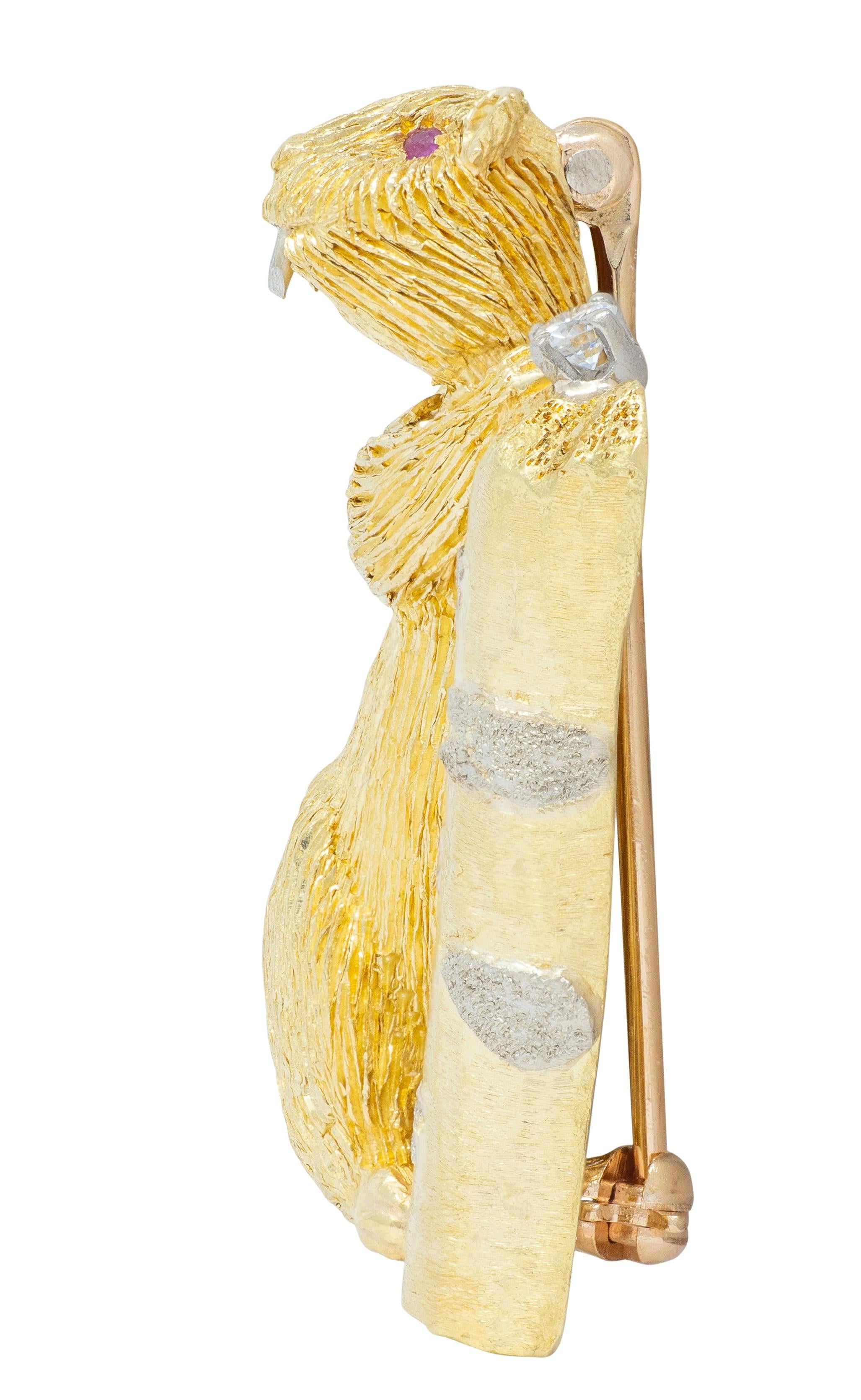 George Lederman 1960's Ruby Diamond 18 Karat Two-Tone Gold Vintage Beaver Brooch