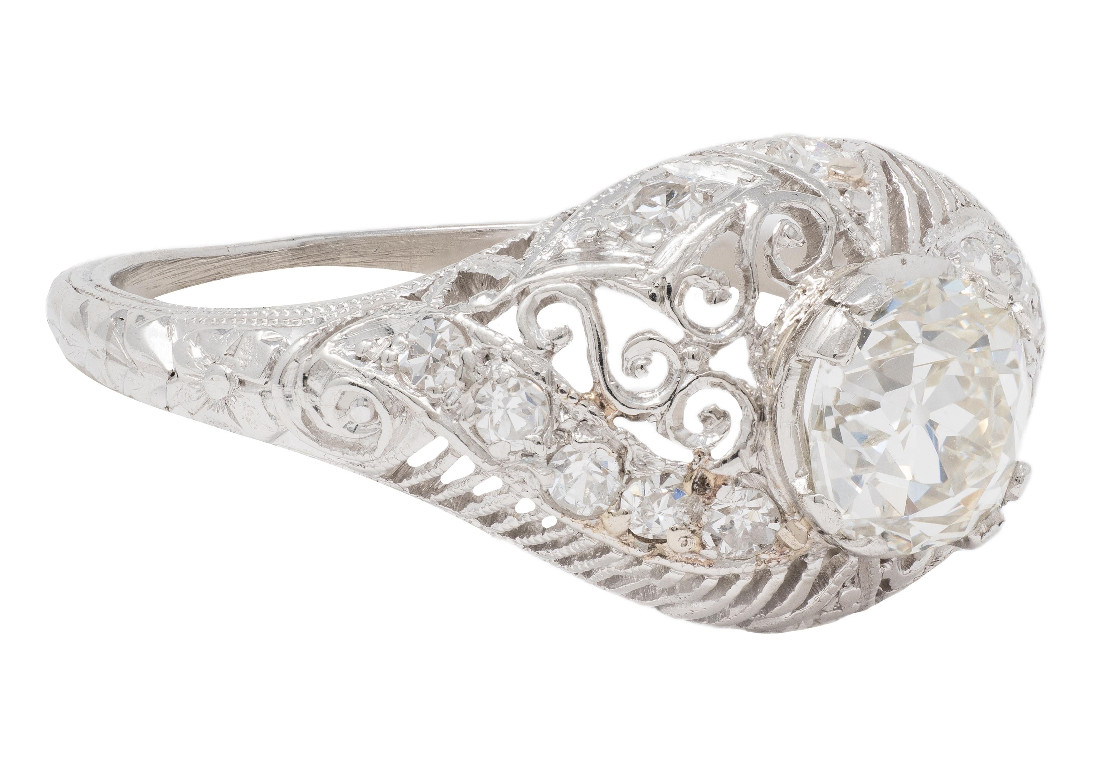 Edwardian 1.25 CTW Mine Diamond Platinum Scrolled Filigree Engagement Ring GIA