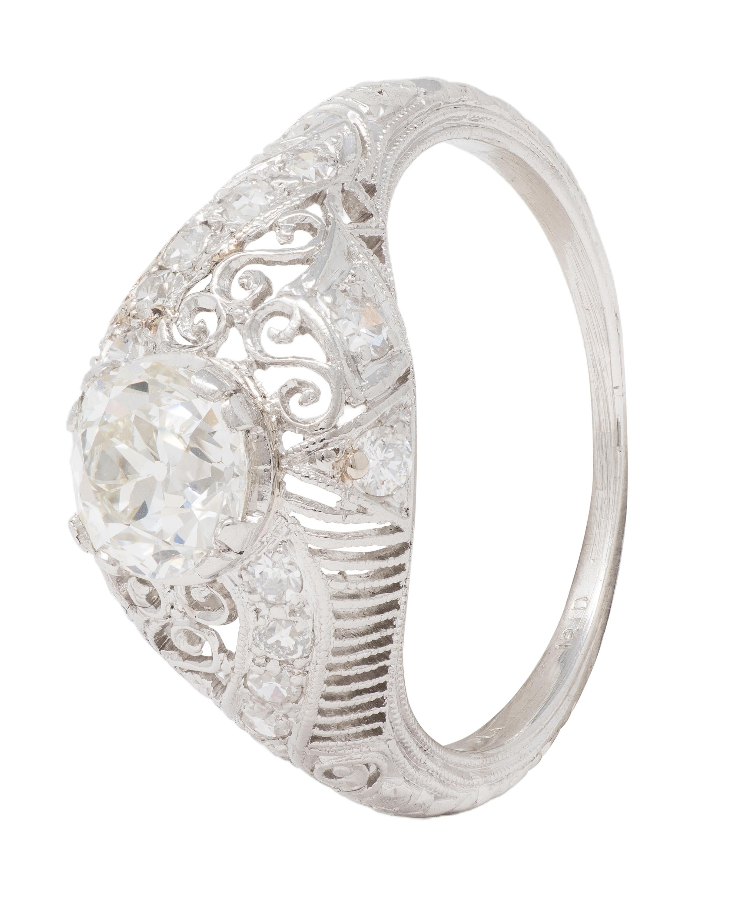 Edwardian 1.25 CTW Mine Diamond Platinum Scrolled Filigree Engagement Ring GIA